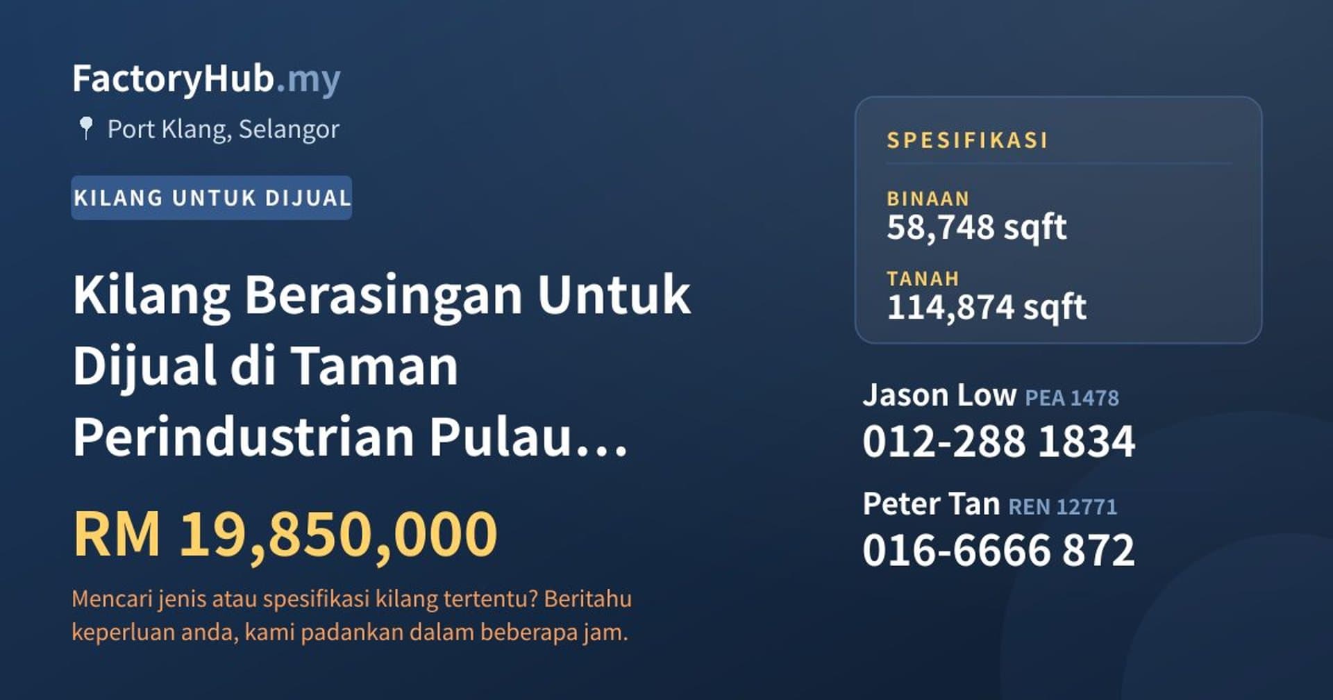 Kilang Berasingan Untuk Dijual di Taman Perindustrian Pulau Indah, Pelabuhan Klang · Imej hartanah 1/2