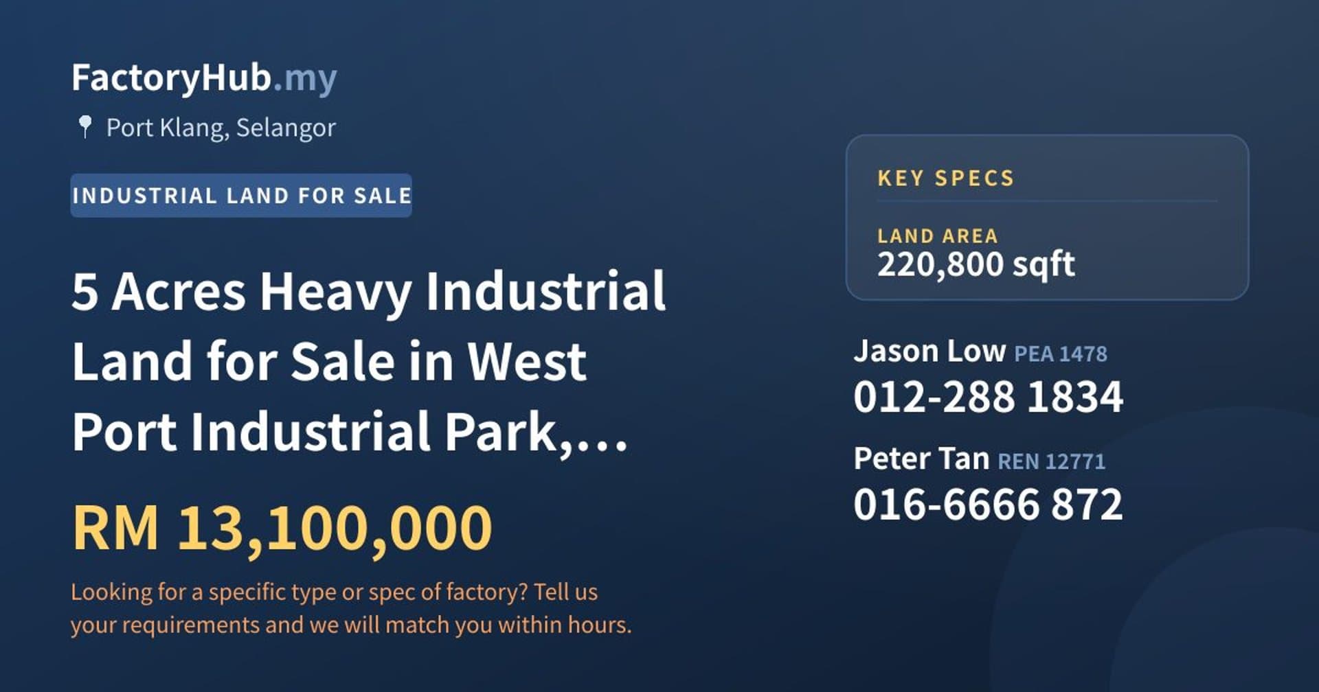 5 Acres Heavy Industrial Land for Sale in West Port Industrial Park, Port Klang - Property image 1 of 2