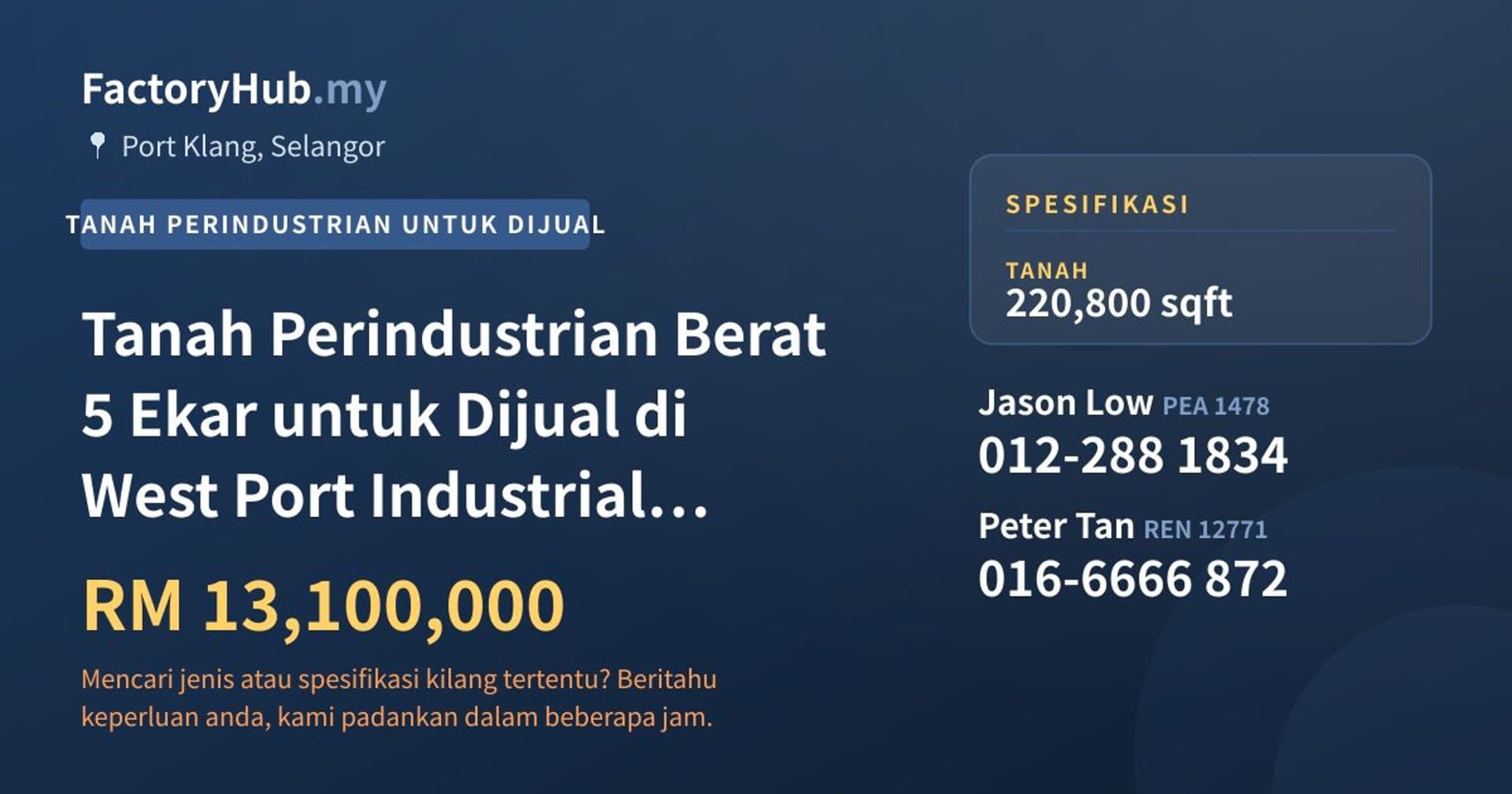 Tanah Perindustrian Berat 5 Ekar untuk Dijual di West Port Industrial Park, Port Klang · Imej hartanah 1/2