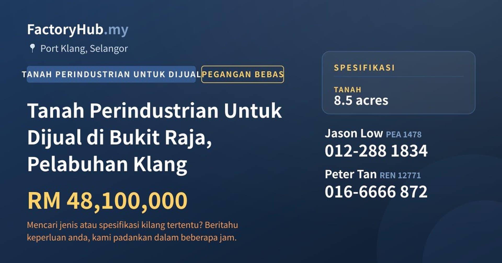 Tanah Perindustrian Untuk Dijual di Bukit Raja, Pelabuhan Klang · Imej hartanah 1/2