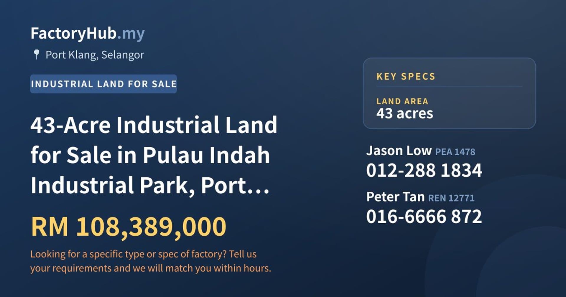 43-Acre Industrial Land for Sale in Pulau Indah Industrial Park, Port Klang - Property image 1 of 2