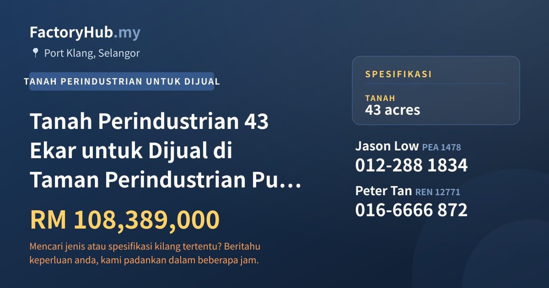 Tanah Perindustrian 43 Ekar untuk Dijual di Taman Perindustrian Pulau Indah, Pelabuhan Klang · Imej hartanah 1/2