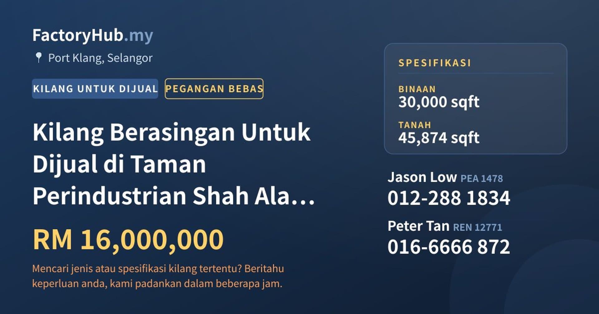 Kilang Berasingan Untuk Dijual di Taman Perindustrian Shah Alam, Pelabuhan Klang · Imej hartanah 1/2