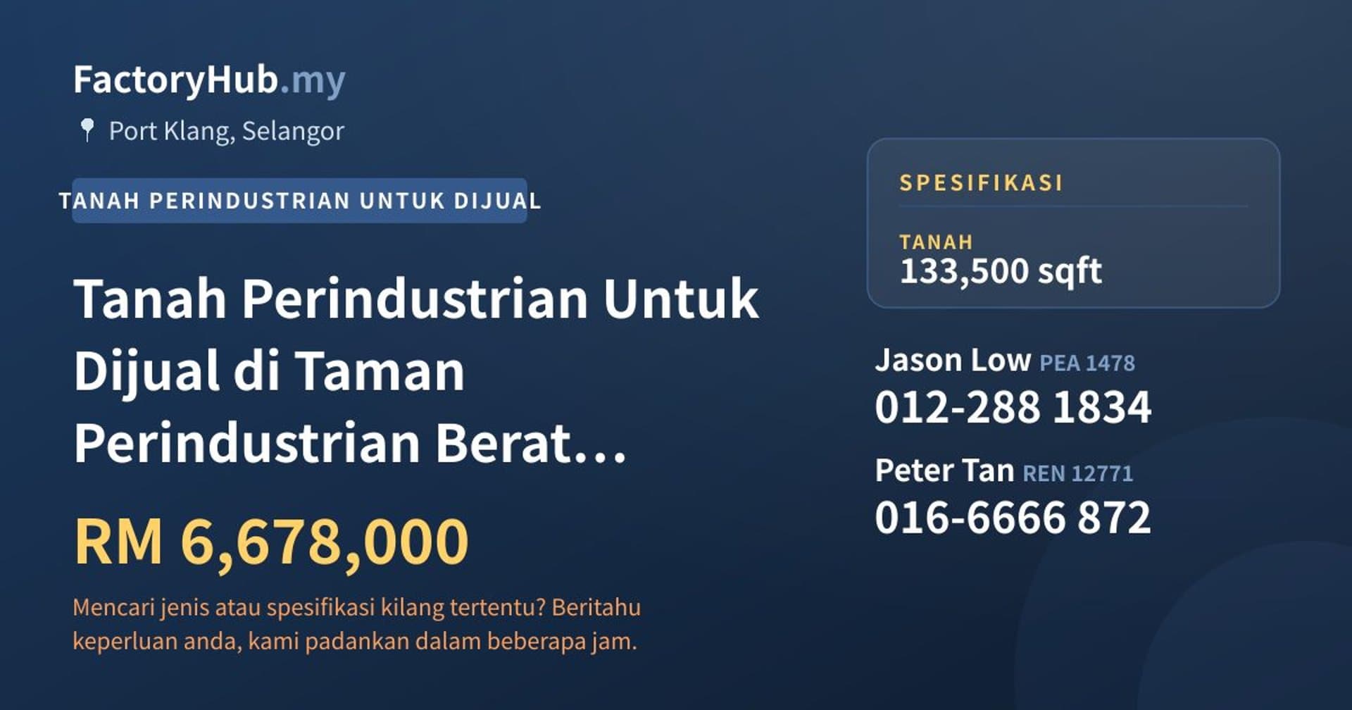 Tanah Perindustrian Untuk Dijual di Taman Perindustrian Berat Pelabuhan Klang · Imej hartanah 1/2