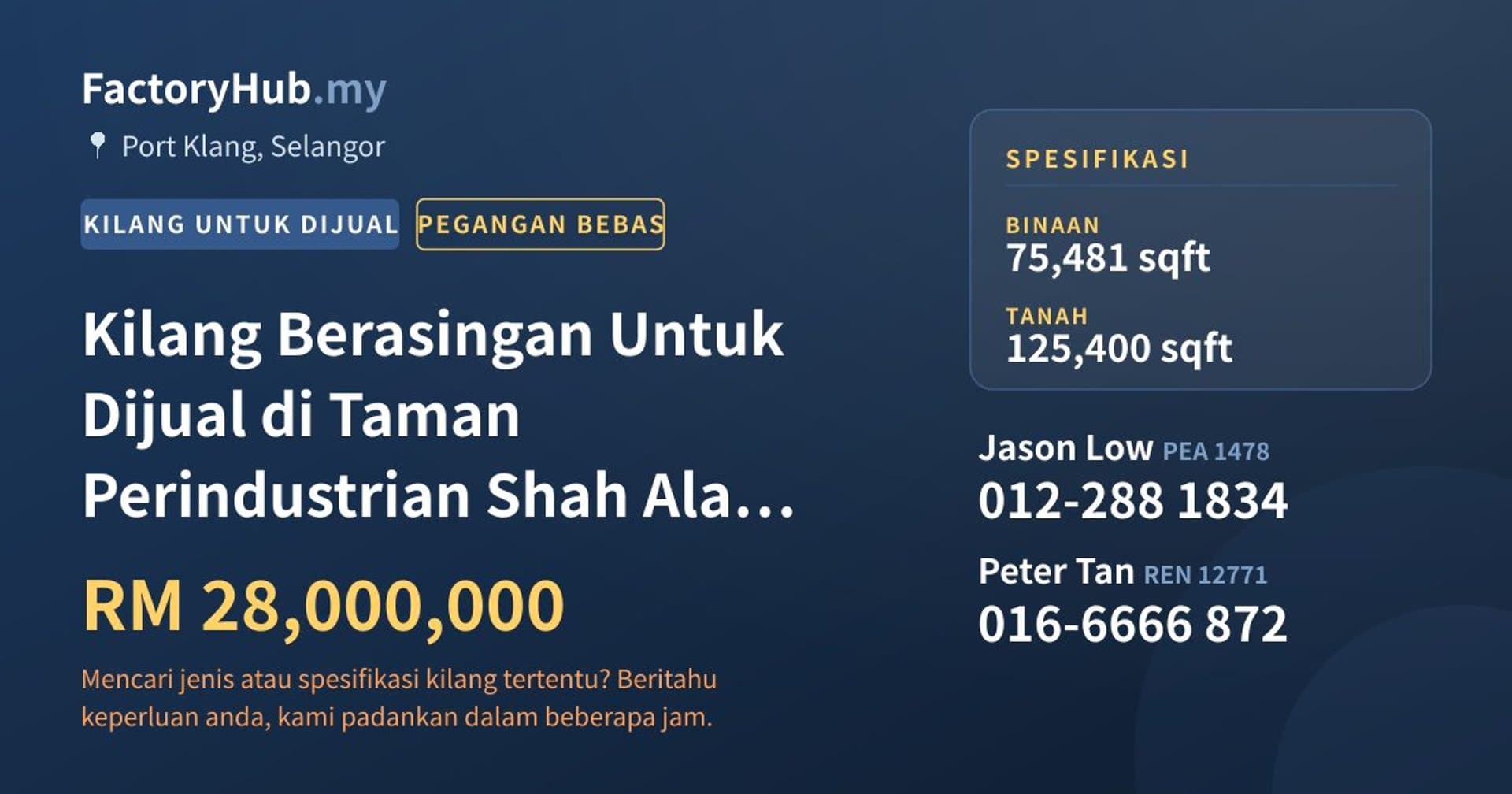 Kilang Berasingan Untuk Dijual di Taman Perindustrian Shah Alam, Pelabuhan Klang · Imej hartanah 1/2