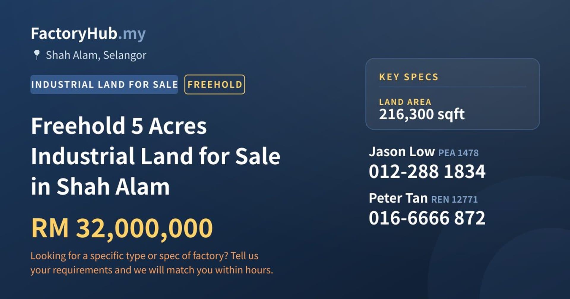 Freehold 5 Acres Industrial Land for Sale in Shah Alam - Property image 1 of 2