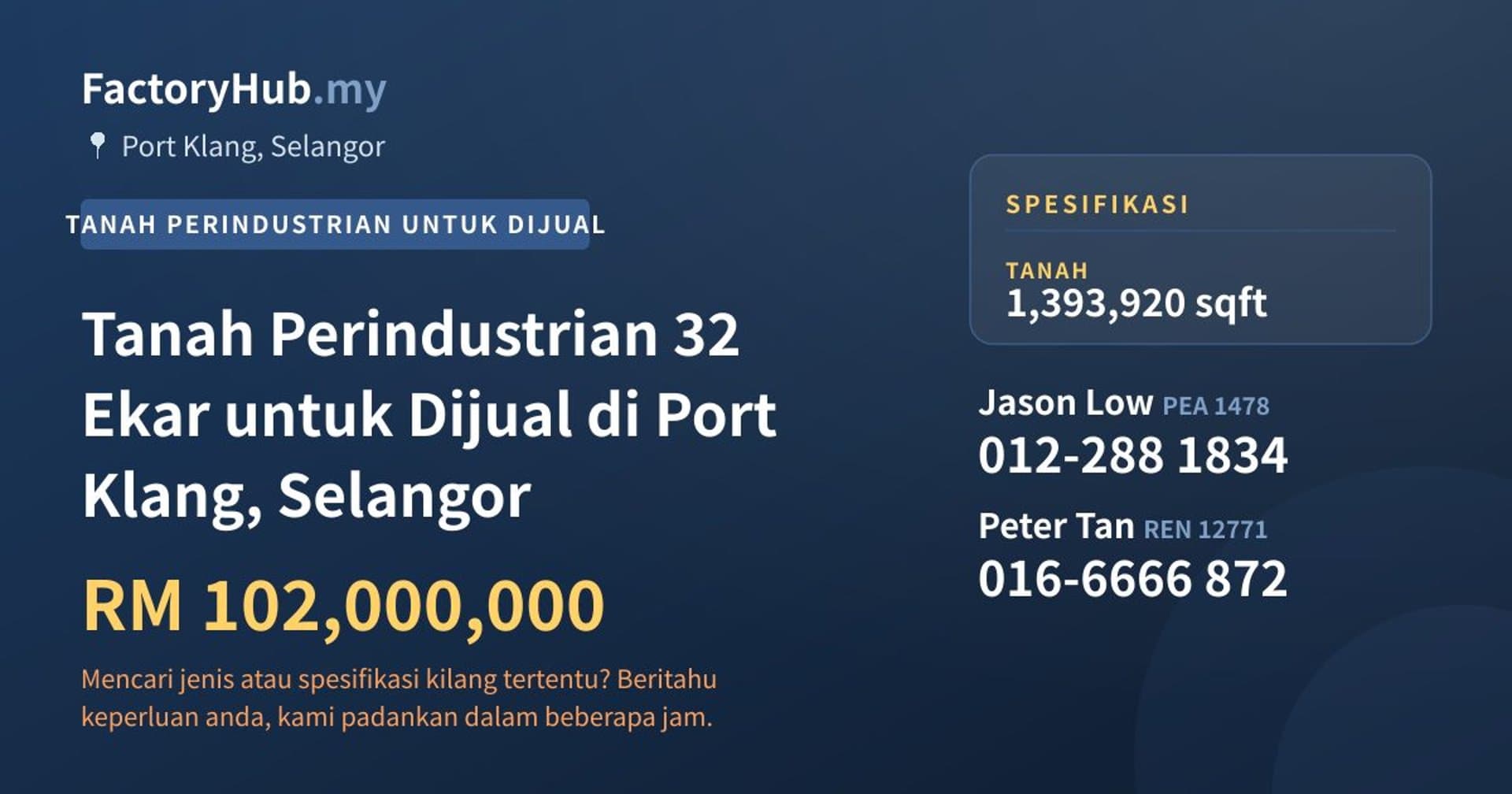Tanah Perindustrian 32 Ekar untuk Dijual di Port Klang, Selangor · Imej hartanah 1/2