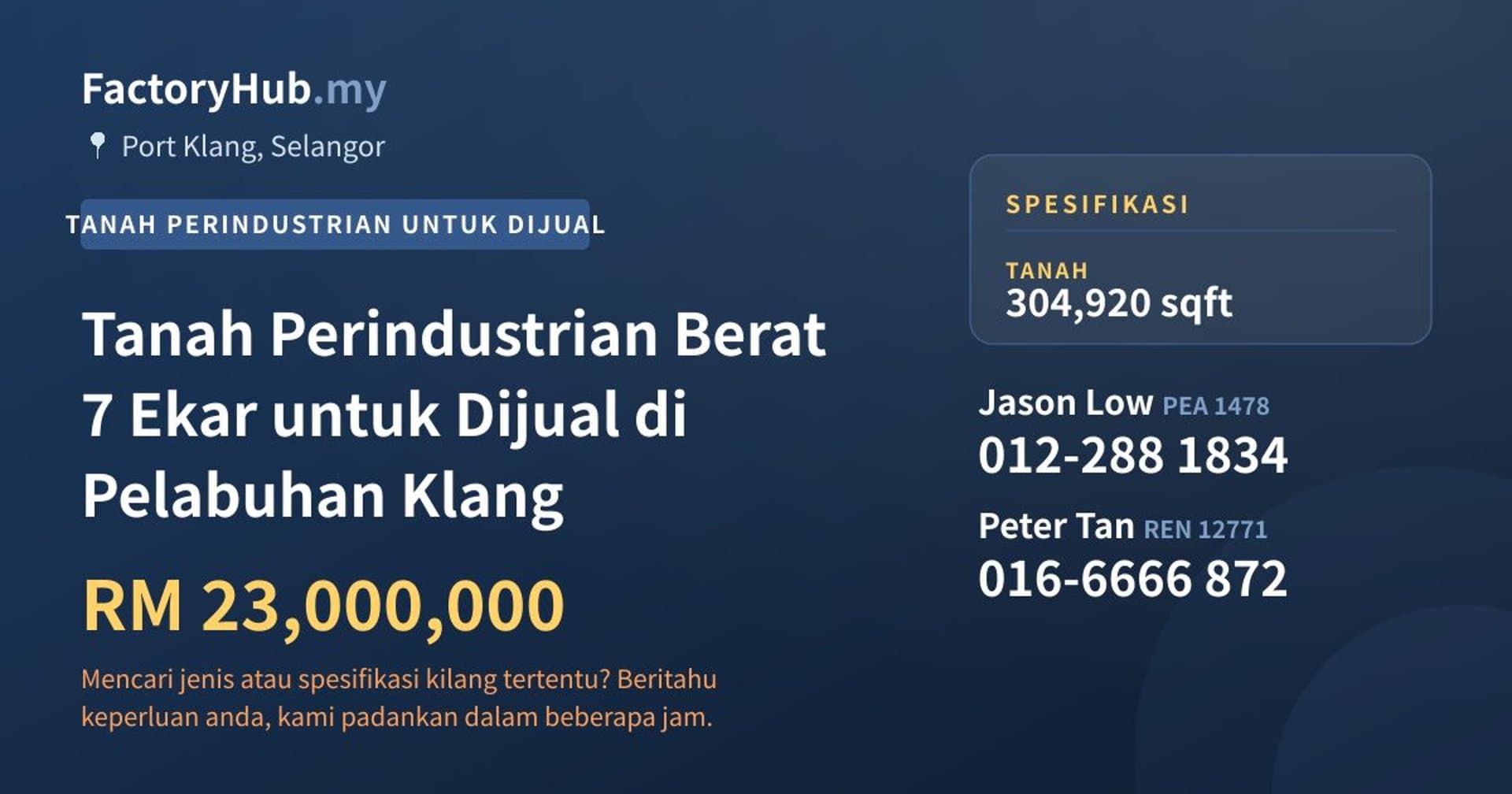 Tanah Perindustrian Berat 7 Ekar untuk Dijual di Pelabuhan Klang · Imej hartanah 1/2