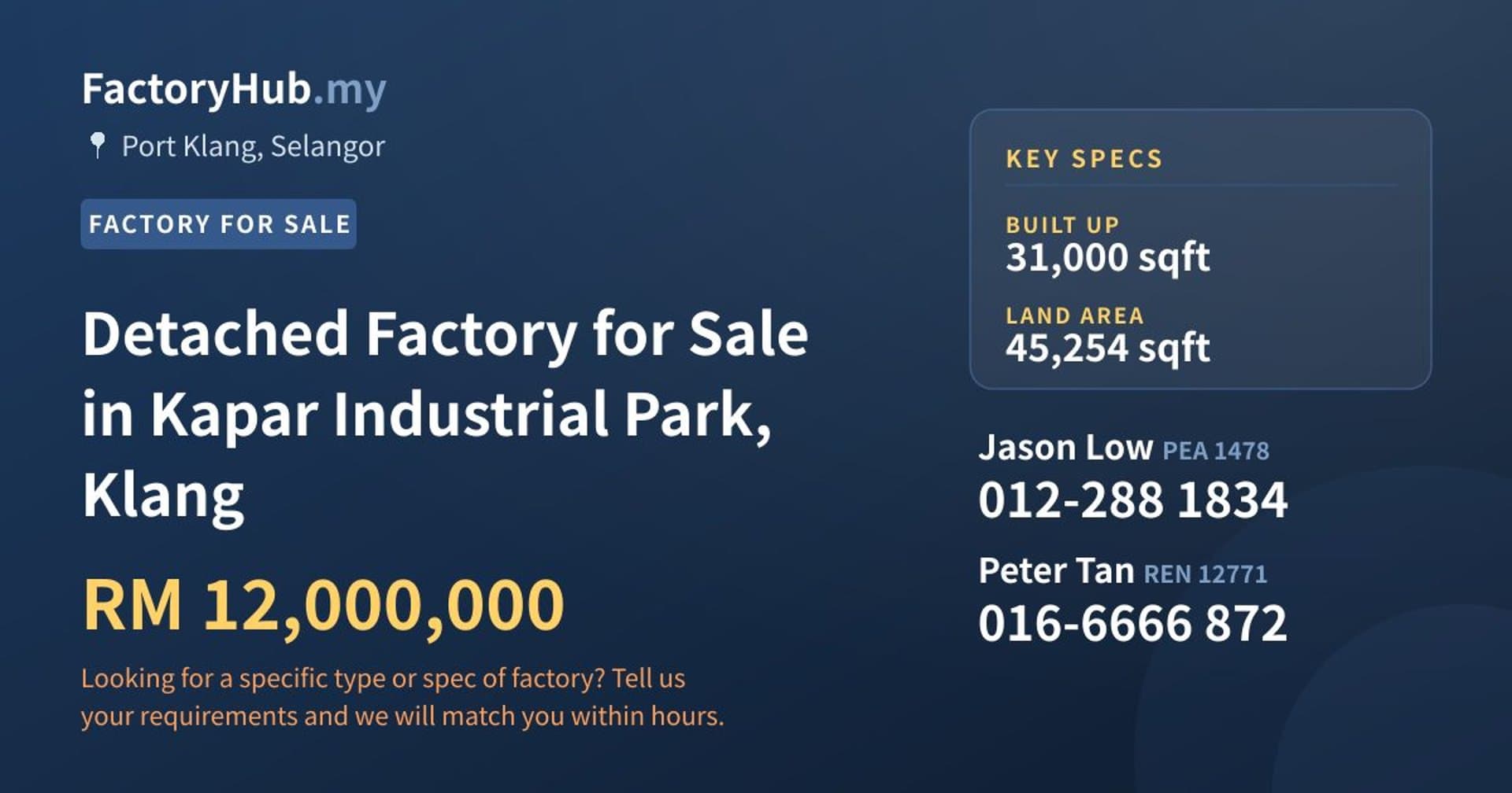 Detached Factory for Sale in Kapar Industrial Park, Klang - Property image 1 of 2