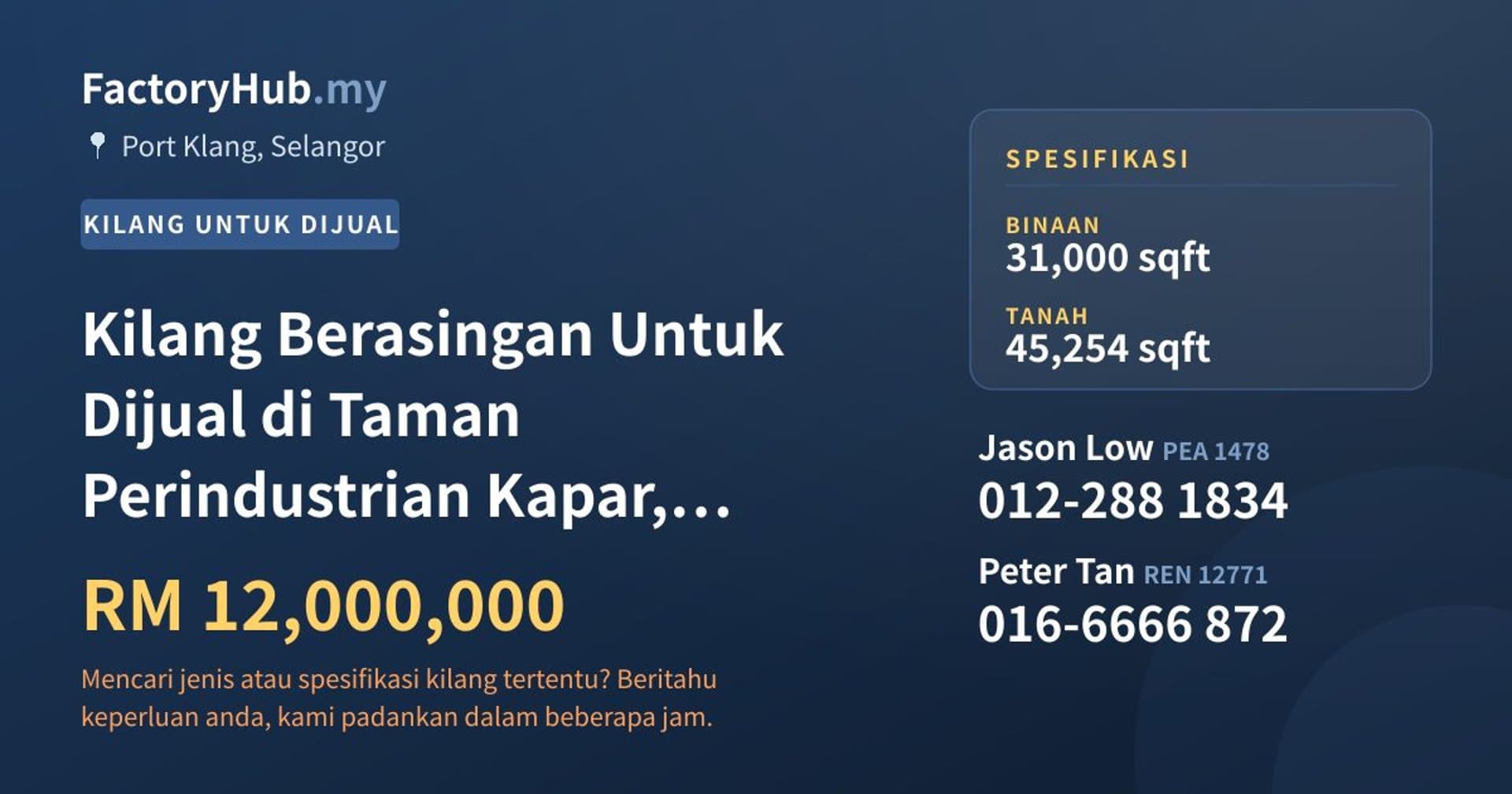 Kilang Berasingan Untuk Dijual di Taman Perindustrian Kapar, Klang · Imej hartanah 1/2