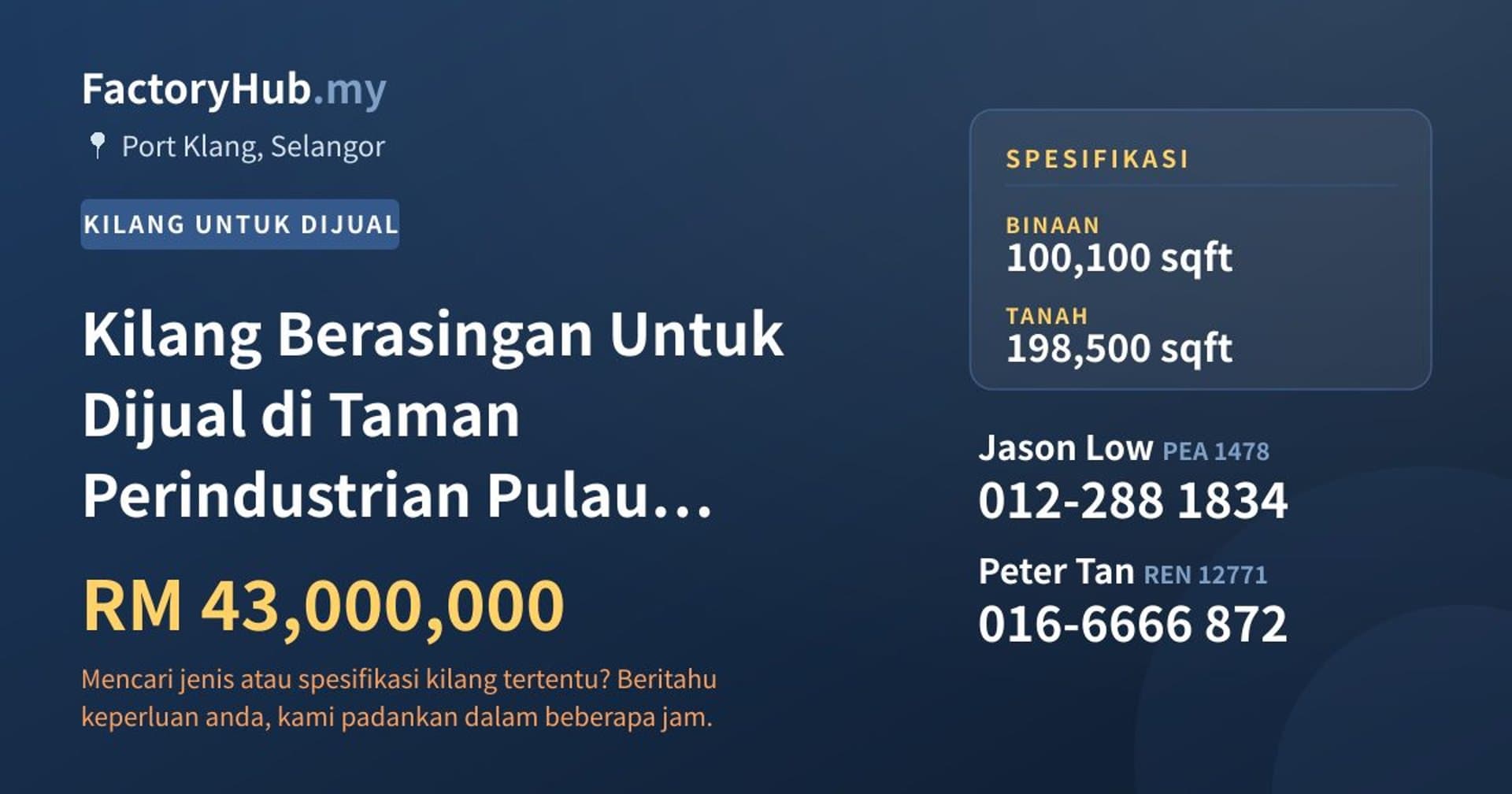 Kilang Berasingan Untuk Dijual di Taman Perindustrian Pulau Indah, Pelabuhan Klang · Imej hartanah 1/2