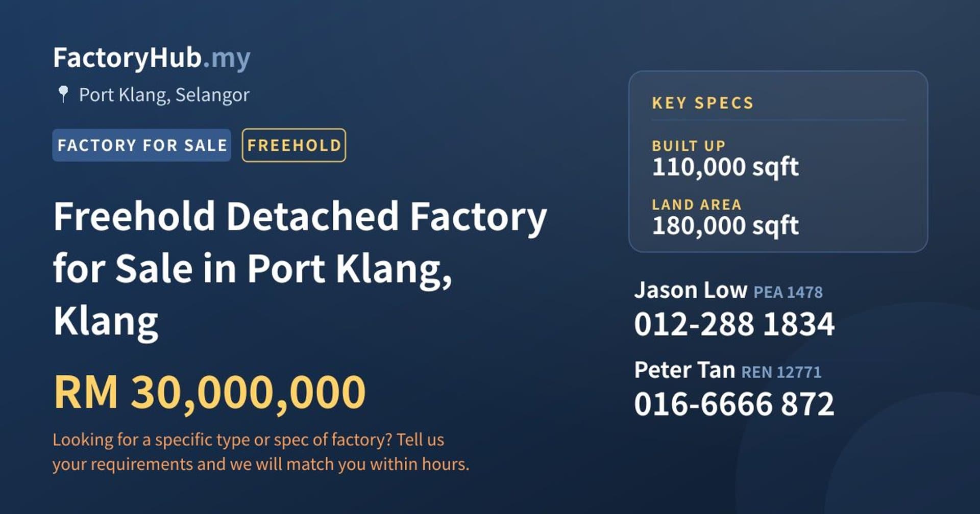 Freehold Detached Factory for Sale in Port Klang, Klang - Property image 1 of 2