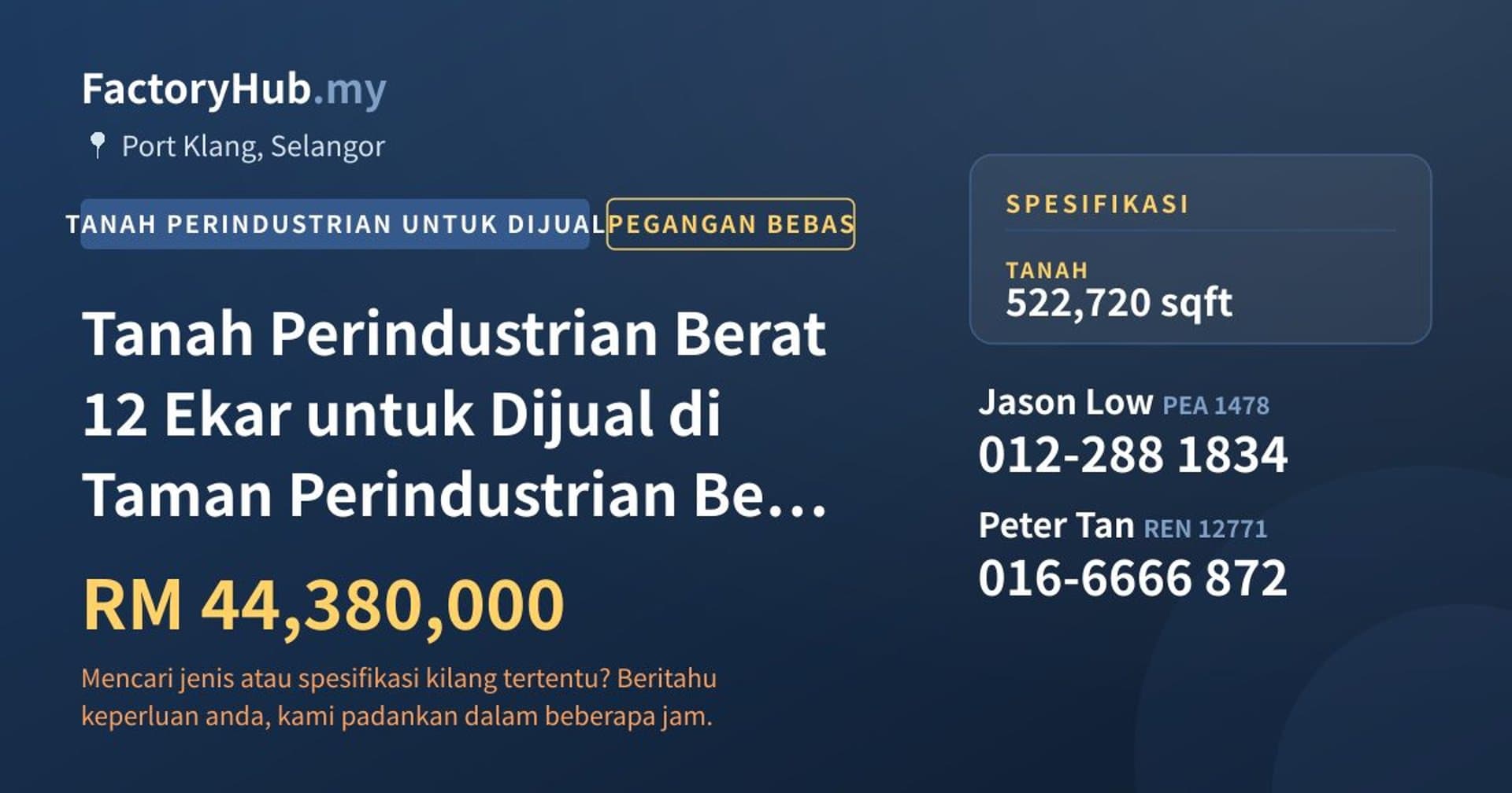 Tanah Perindustrian Berat 12 Ekar untuk Dijual di Taman Perindustrian Berat Klang · Imej hartanah 1/2