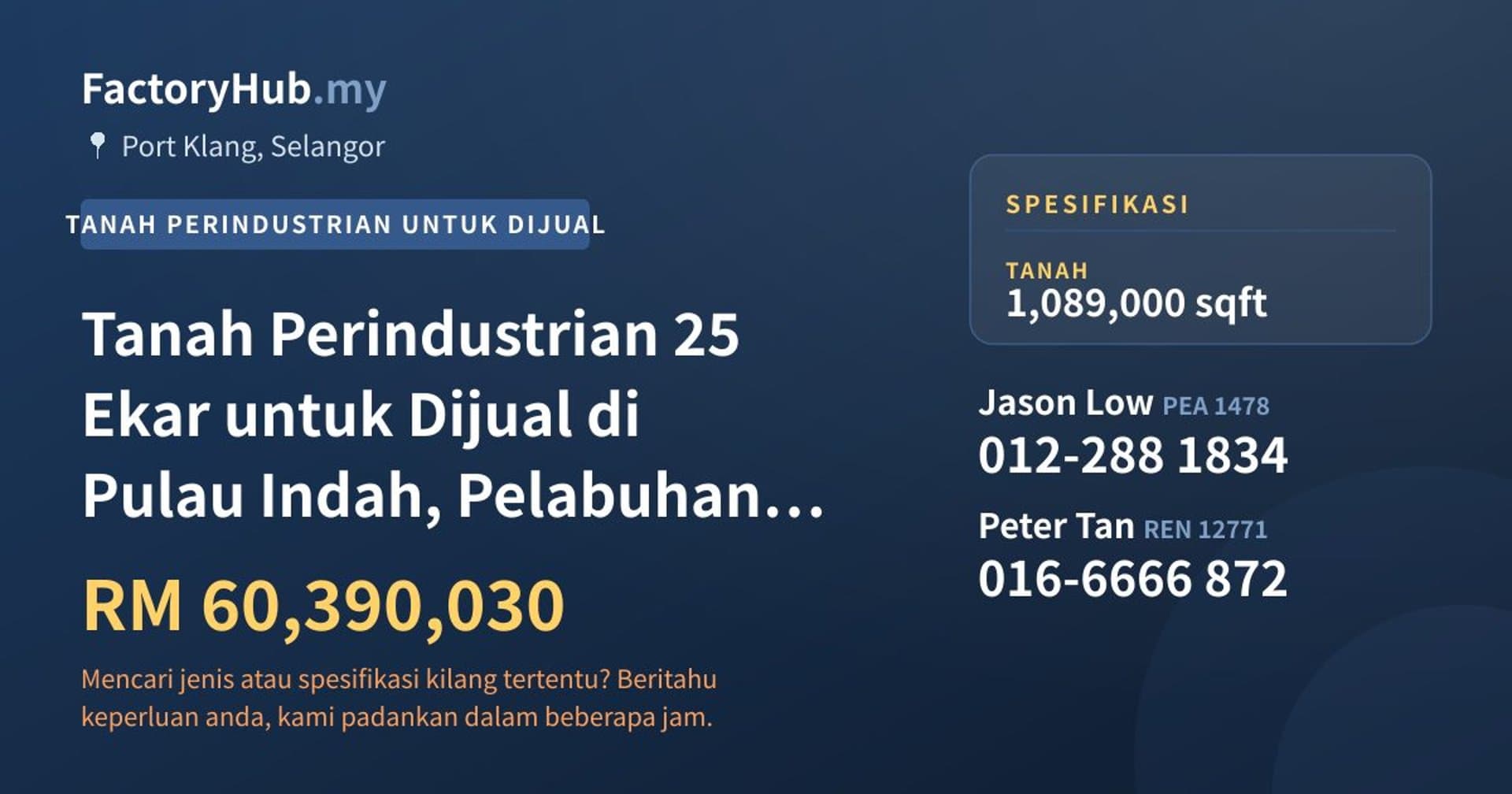 Tanah Perindustrian 25 Ekar untuk Dijual di Pulau Indah, Pelabuhan Klang · Imej hartanah 1/2