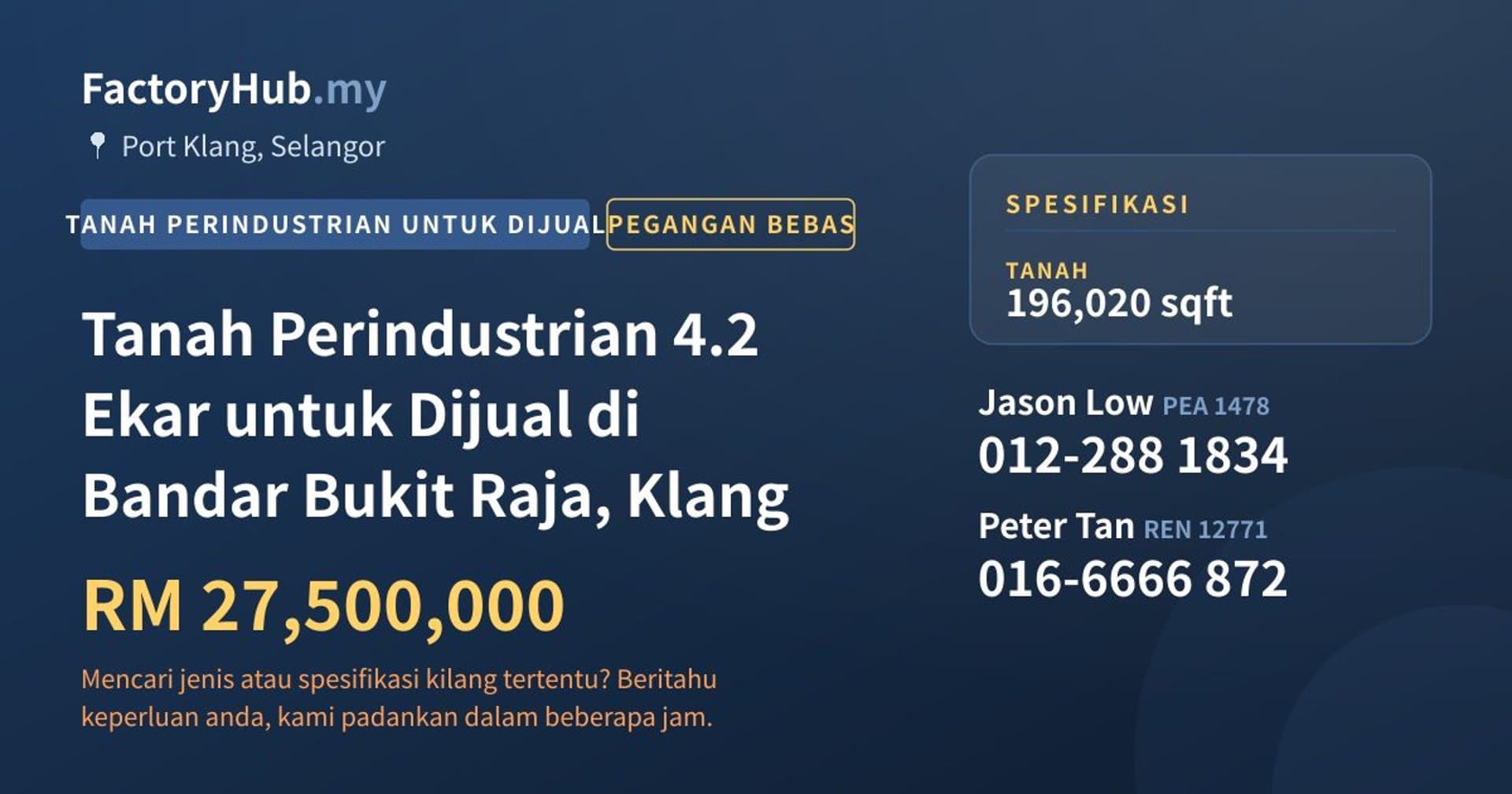 Tanah Perindustrian 4.2 Ekar untuk Dijual di Bandar Bukit Raja, Klang · Imej hartanah 1/2