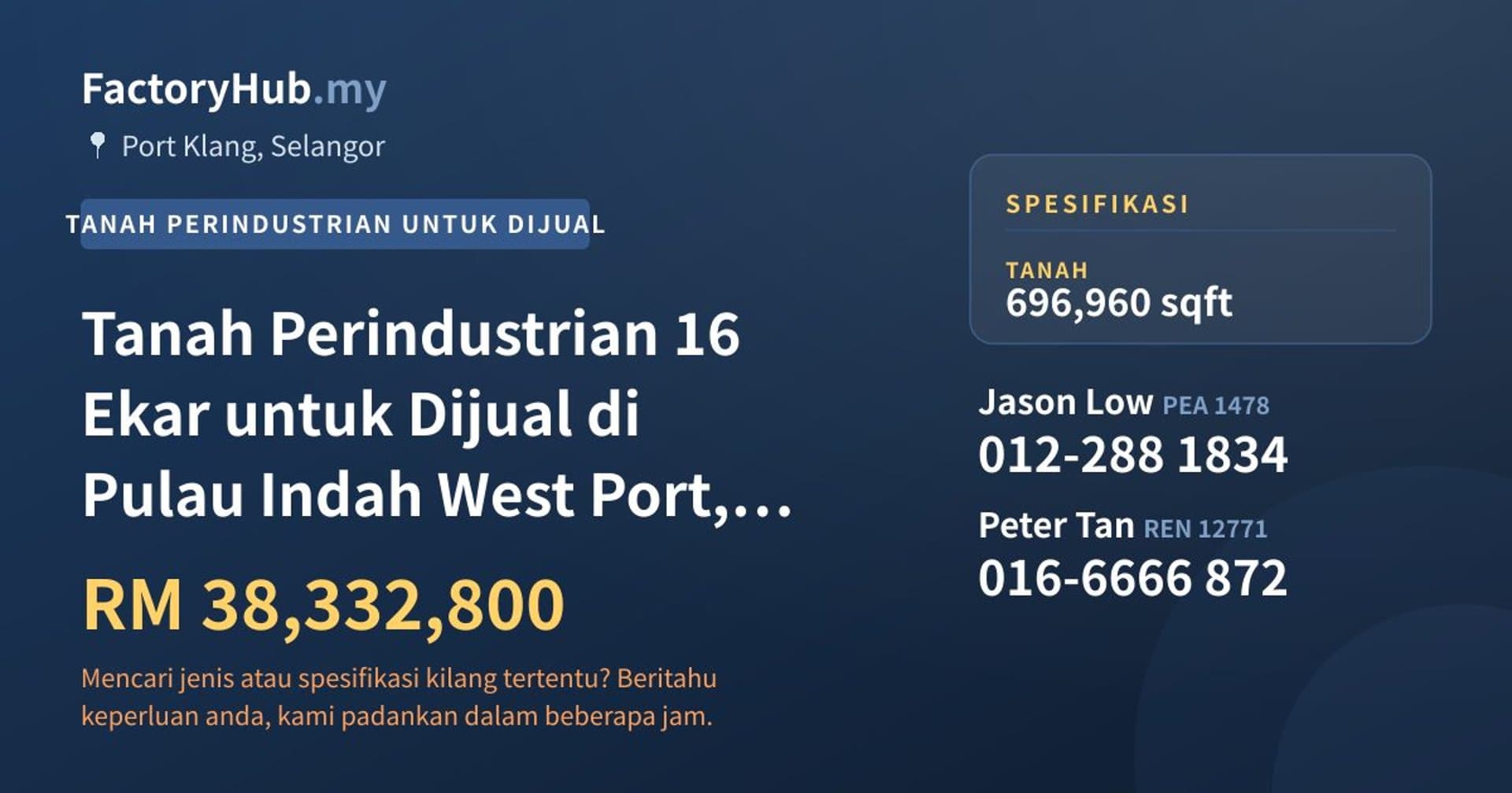 Tanah Perindustrian 16 Ekar untuk Dijual di Pulau Indah West Port, Pelabuhan Klang · Imej hartanah 1/2