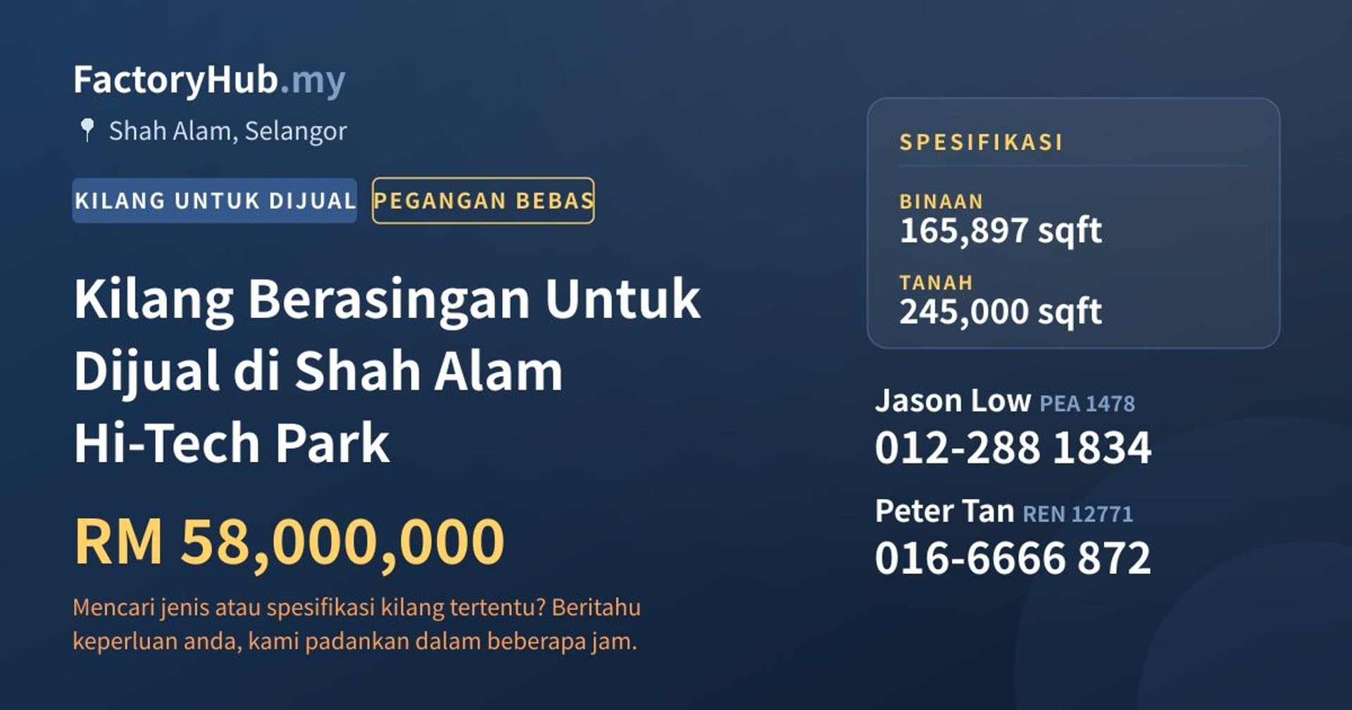 Kilang Berasingan Untuk Dijual di Shah Alam Hi-Tech Park · Imej hartanah 1/2