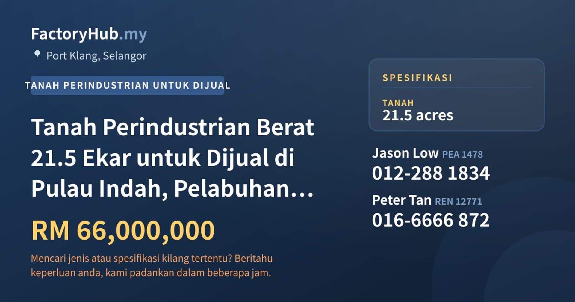 Tanah Perindustrian Berat 21.5 Ekar untuk Dijual di Pulau Indah, Pelabuhan Klang · Imej hartanah 1/2