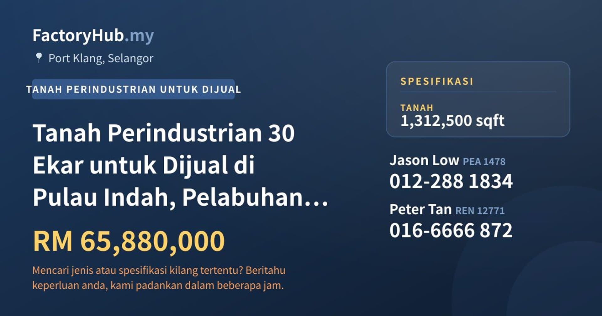 Tanah Perindustrian 30 Ekar untuk Dijual di Pulau Indah, Pelabuhan Klang · Imej hartanah 1/2