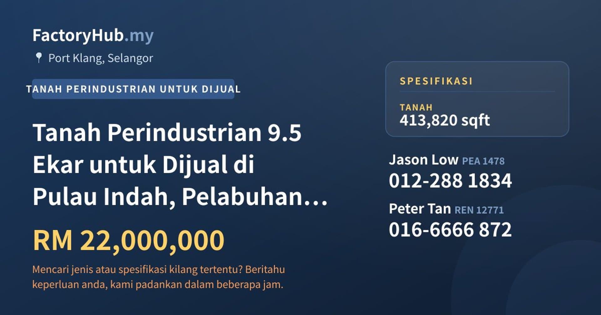Tanah Perindustrian 9.5 Ekar untuk Dijual di Pulau Indah, Pelabuhan Klang · Imej hartanah 1/2