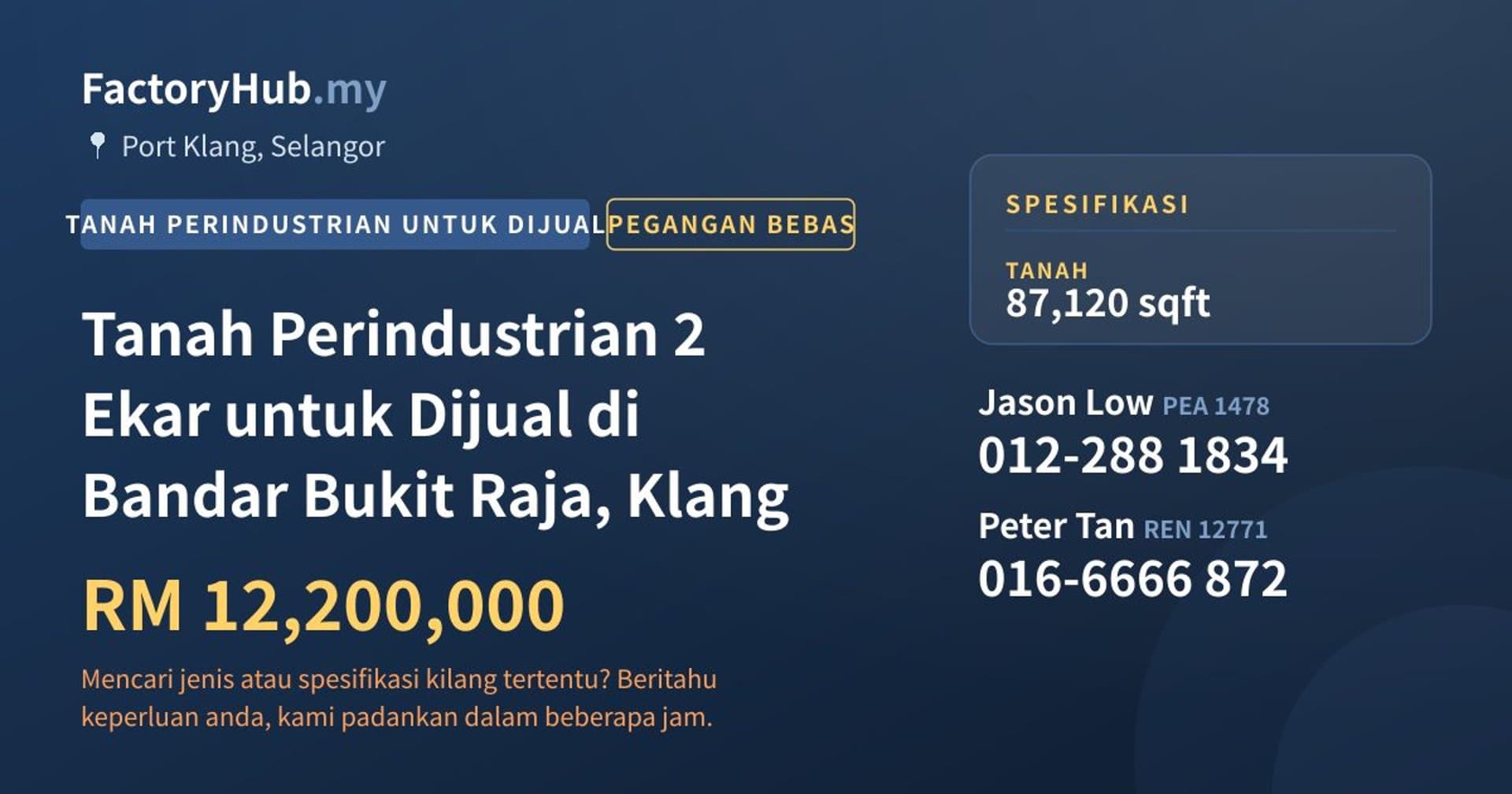 Tanah Perindustrian 2 Ekar untuk Dijual di Bandar Bukit Raja, Klang · Imej hartanah 1/2
