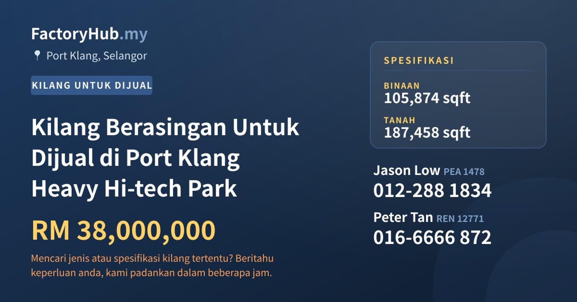 Kilang Berasingan Untuk Dijual di Port Klang Heavy Hi-tech Park · Imej hartanah 1/2