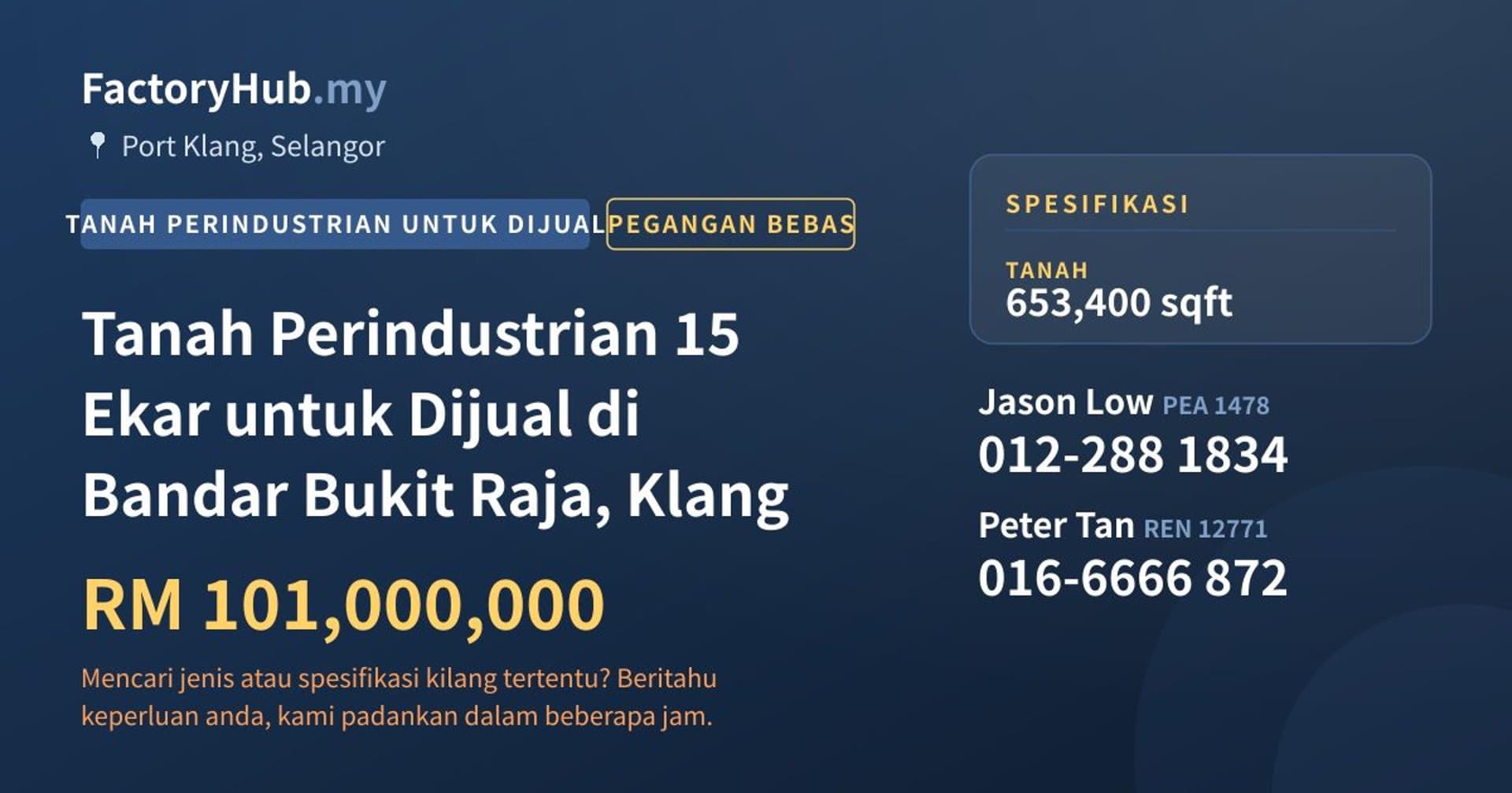 Tanah Perindustrian 15 Ekar untuk Dijual di Bandar Bukit Raja, Klang · Imej hartanah 1/2