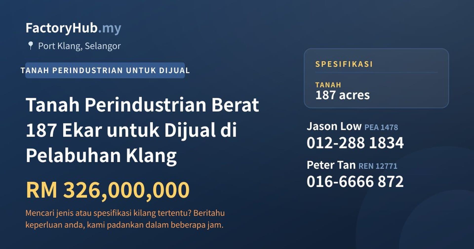 Tanah Perindustrian Berat 187 Ekar untuk Dijual di Pelabuhan Klang · Imej hartanah 1/2