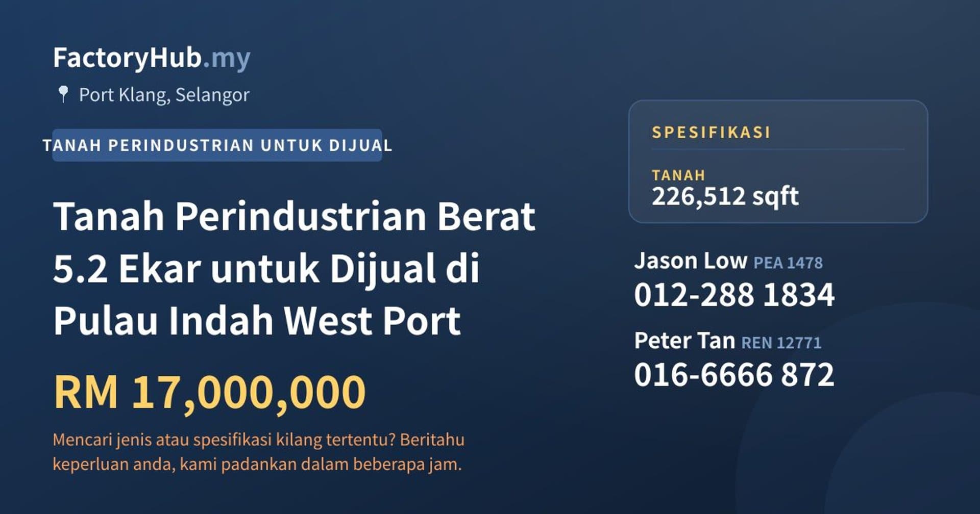 Tanah Perindustrian Berat 5.2 Ekar untuk Dijual di Pulau Indah West Port · Imej hartanah 1/2