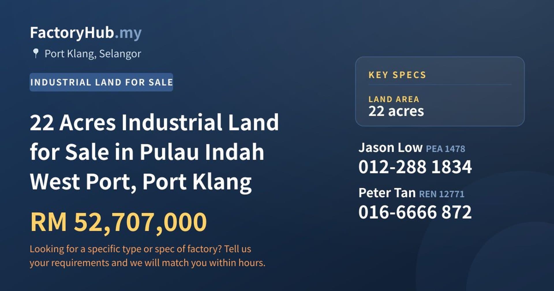 22 Acres Industrial Land for Sale in Pulau Indah West Port, Port Klang - Property image 1 of 2