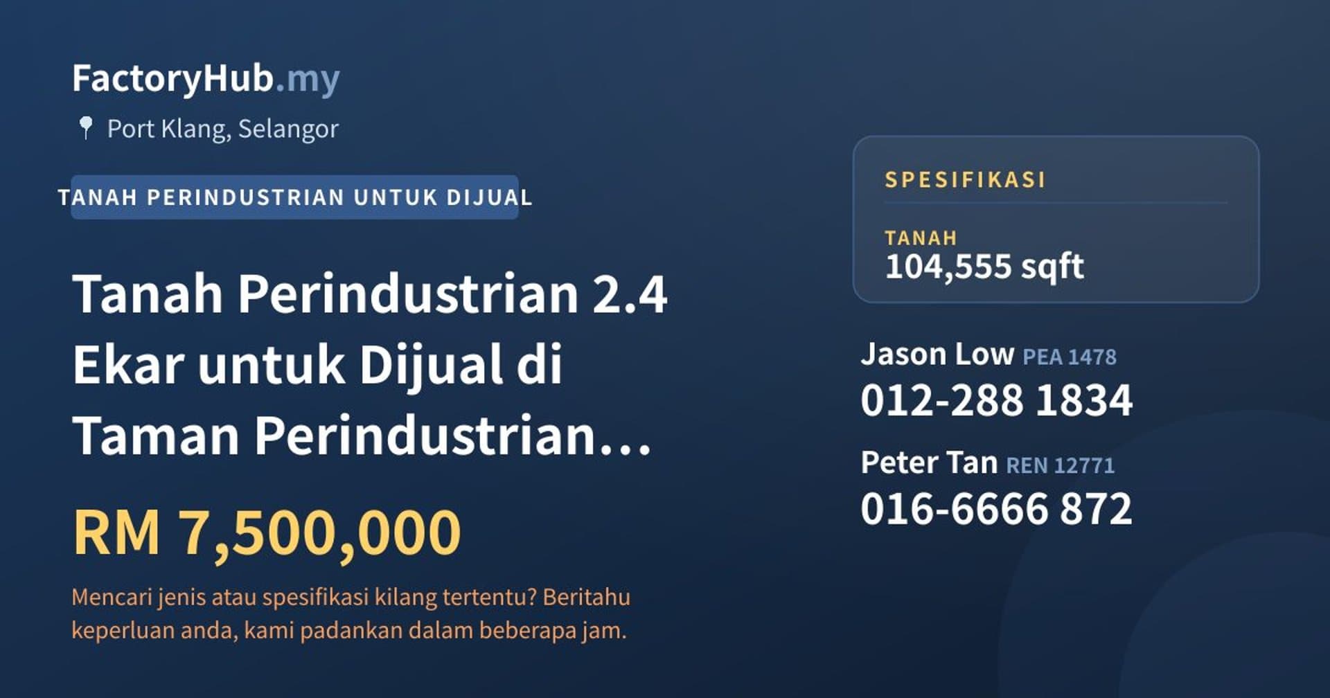 Tanah Perindustrian 2.4 Ekar untuk Dijual di Taman Perindustrian Pelabuhan Klang · Imej hartanah 1/2