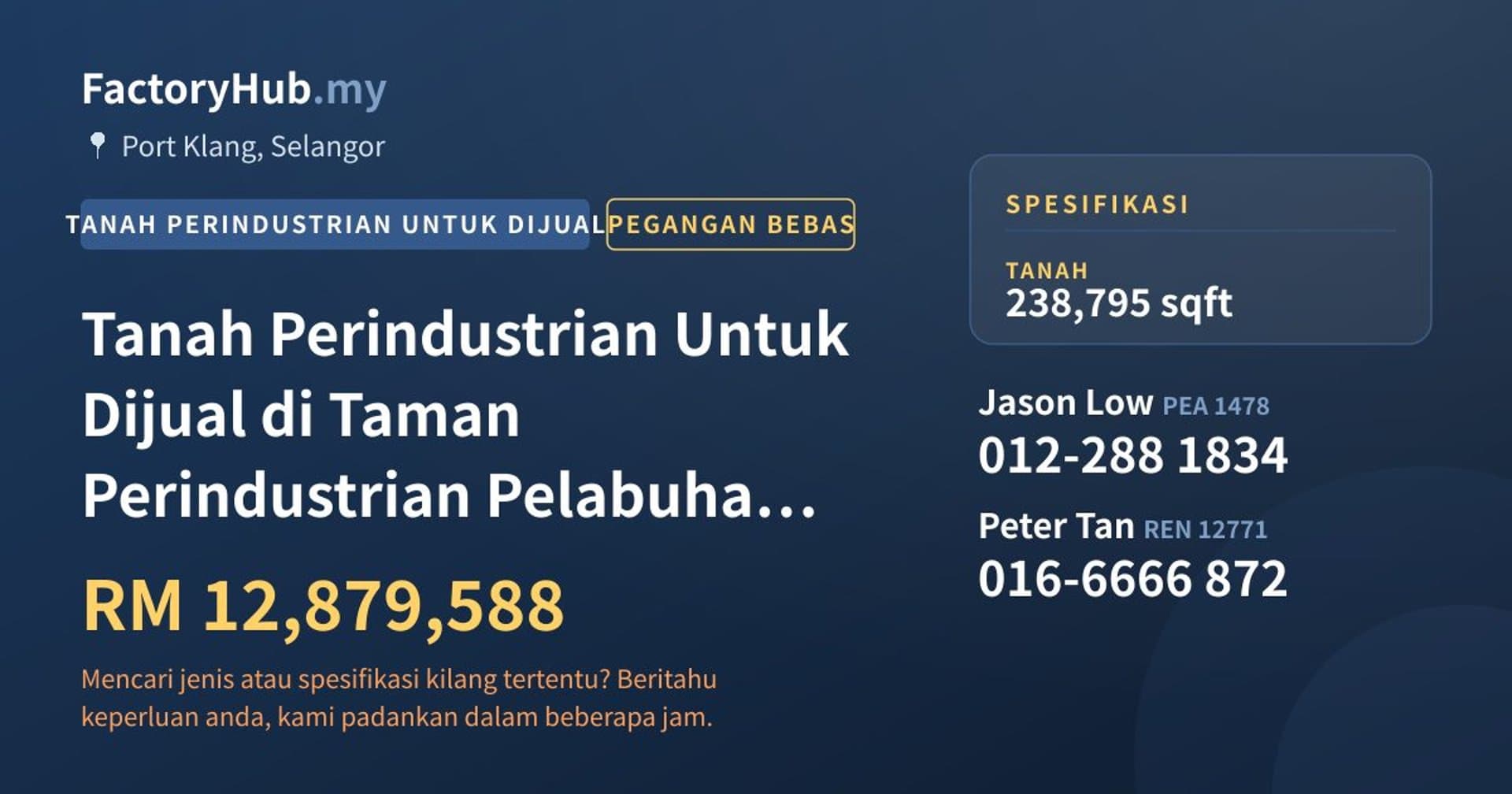 Tanah Perindustrian Untuk Dijual di Taman Perindustrian Pelabuhan Klang · Imej hartanah 1/2