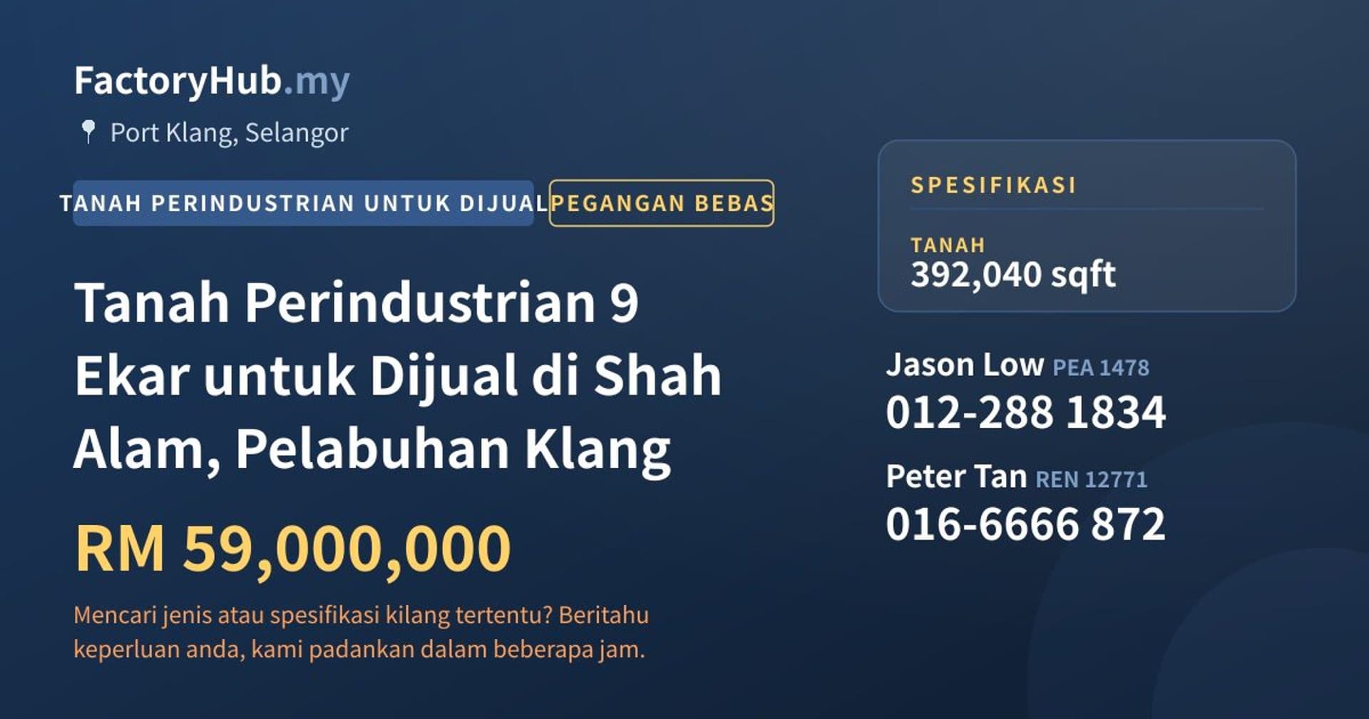 Tanah Perindustrian 9 Ekar untuk Dijual di Shah Alam, Pelabuhan Klang · Imej hartanah 1/2