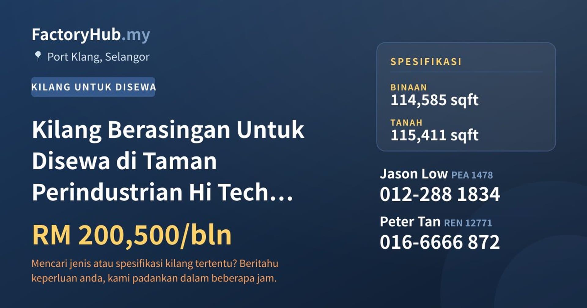 Kilang Berasingan Untuk Disewa di Taman Perindustrian Hi Tech Port Klang · Imej hartanah 1/2
