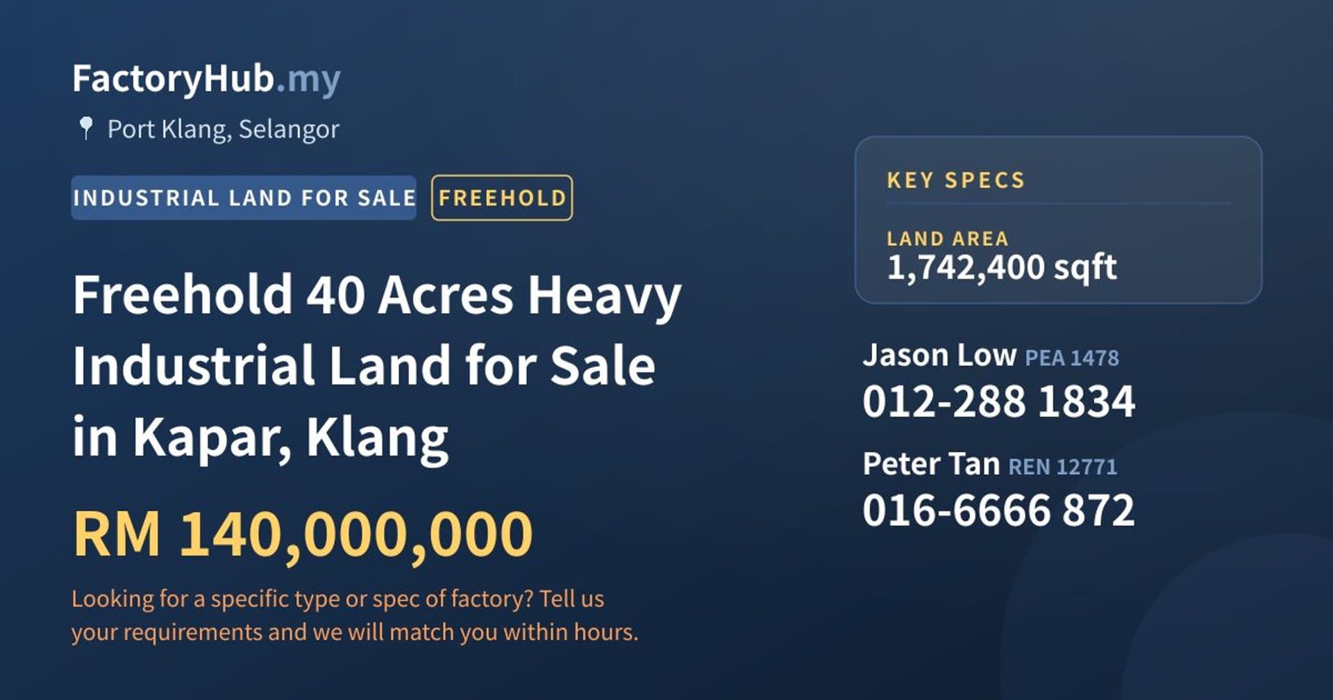 Freehold 40 Acres Heavy Industrial Land for Sale in Kapar, Klang - Property image 1 of 2