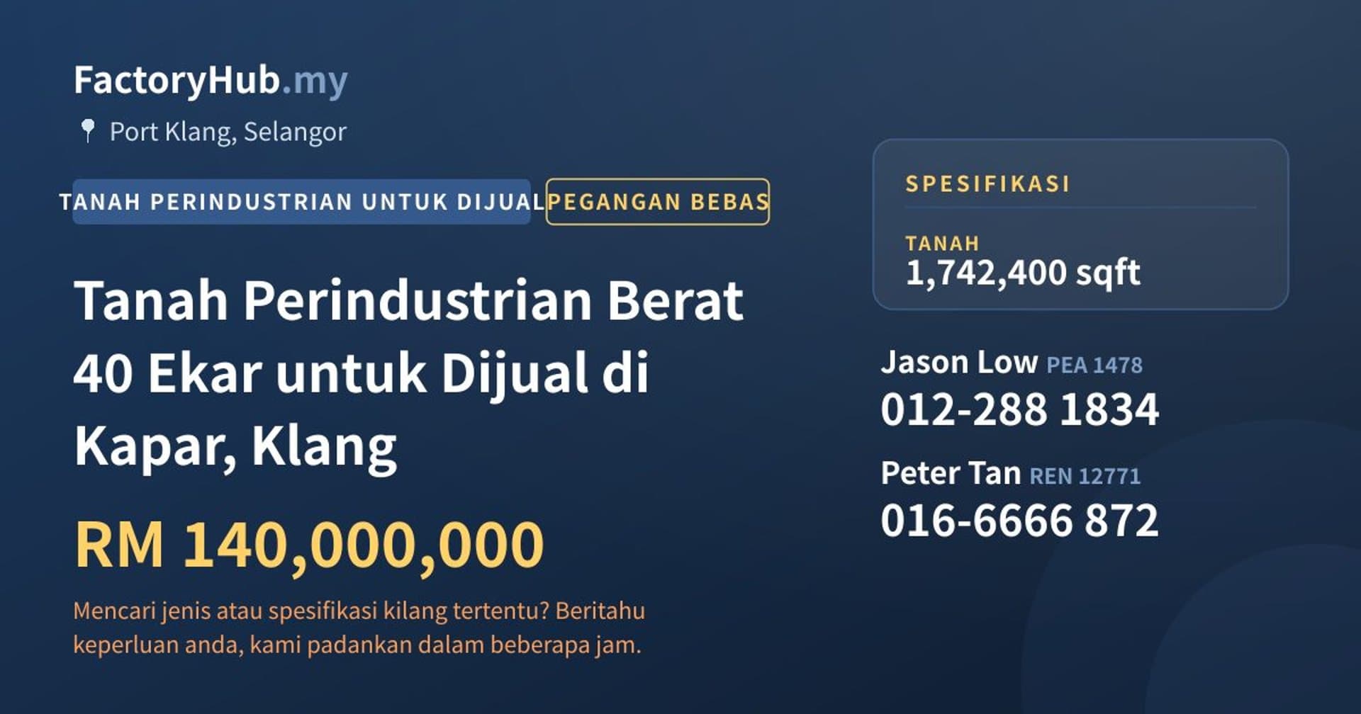 Tanah Perindustrian Berat 40 Ekar untuk Dijual di Kapar, Klang · Imej hartanah 1/2