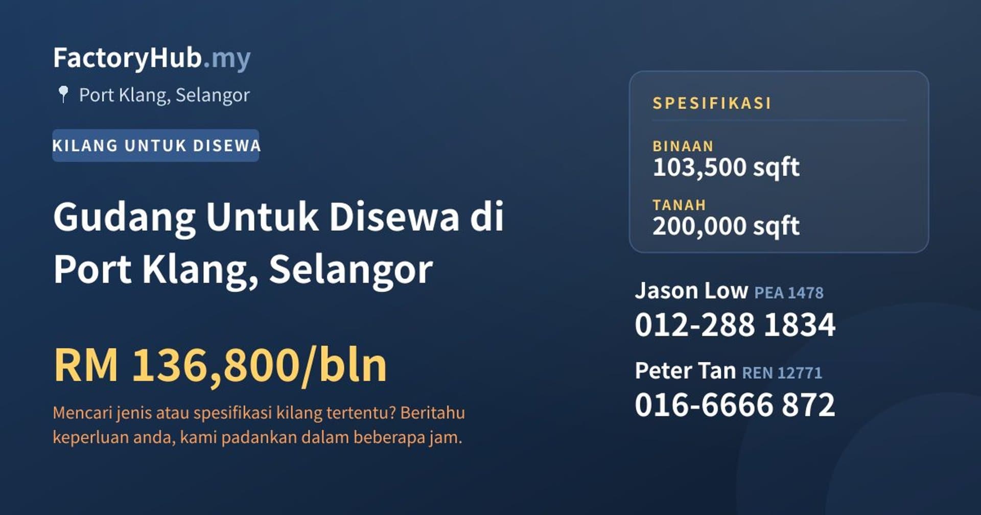 Gudang Untuk Disewa di Port Klang, Selangor · Imej hartanah 1/2
