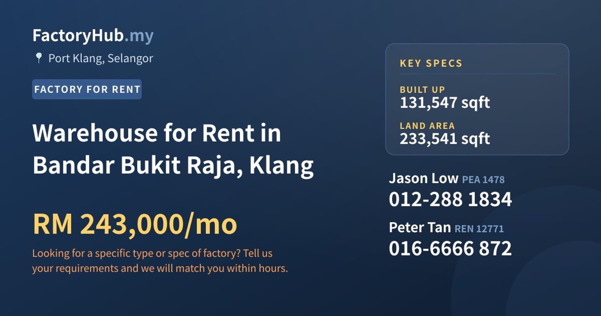 Warehouse for Rent in Bandar Bukit Raja, Klang - Property image 1 of 2