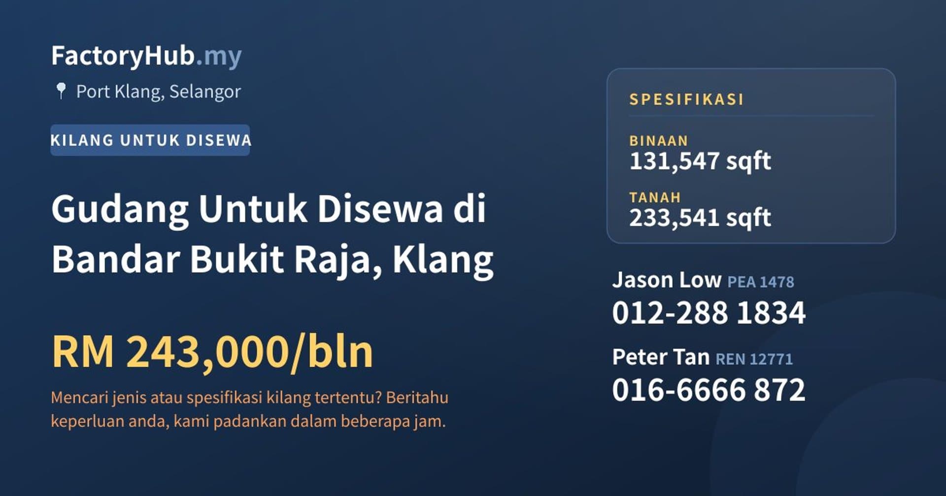 Gudang Untuk Disewa di Bandar Bukit Raja, Klang · Imej hartanah 1/2