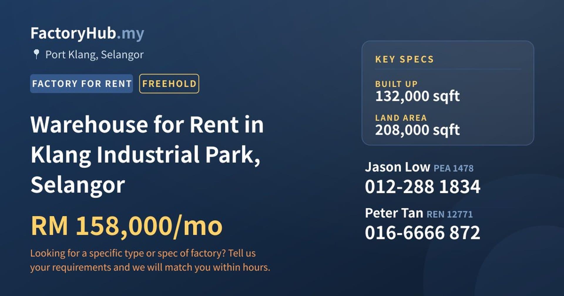 Warehouse for Rent in Klang Industrial Park, Selangor - Property image 1 of 2