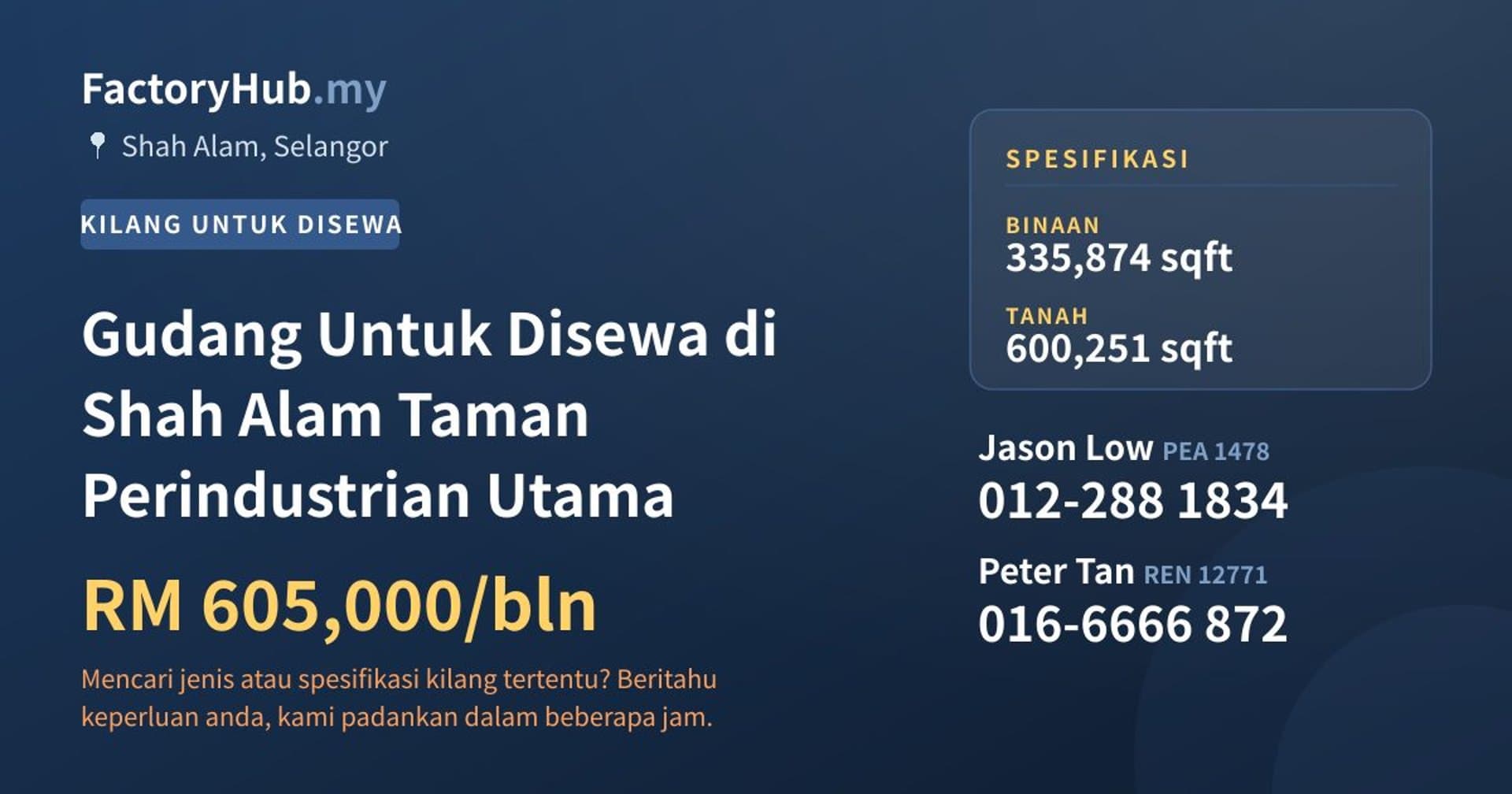 Gudang Untuk Disewa di Shah Alam Taman Perindustrian Utama · Imej hartanah 1/2