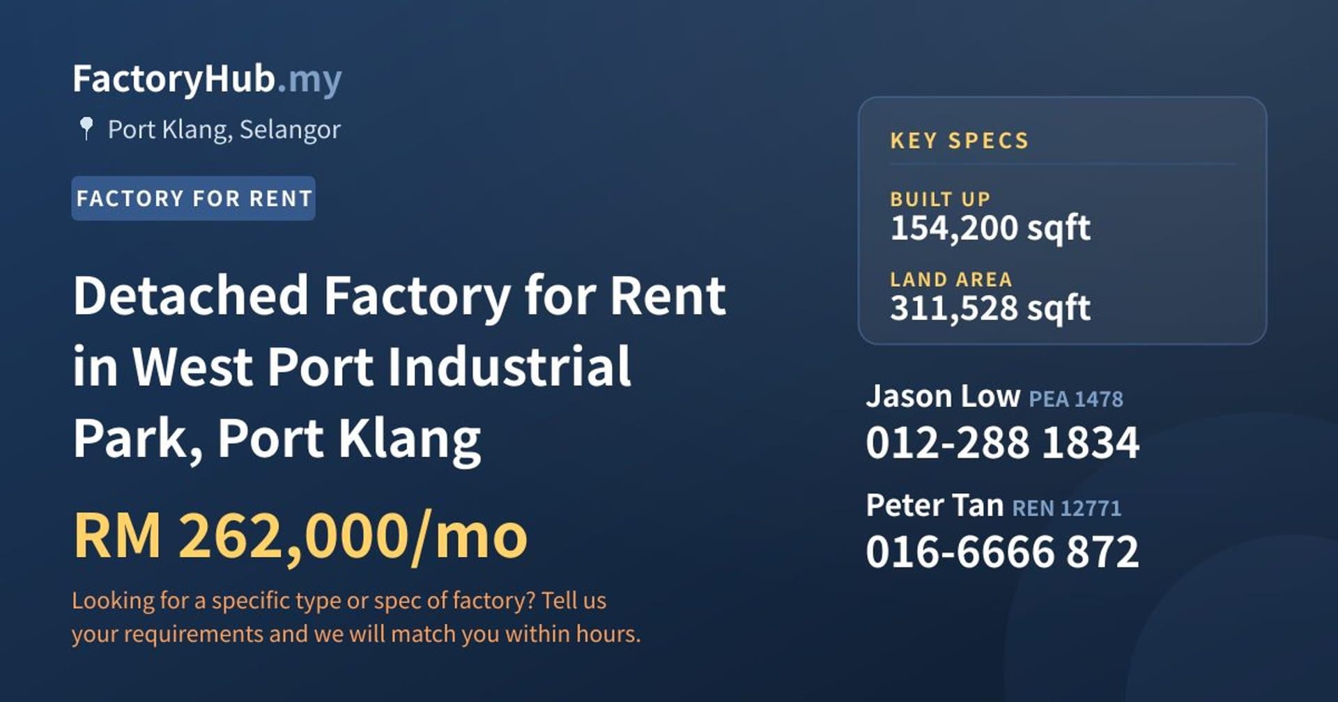 Detached Factory for Rent in West Port Industrial Park, Port Klang - Property image 1 of 2