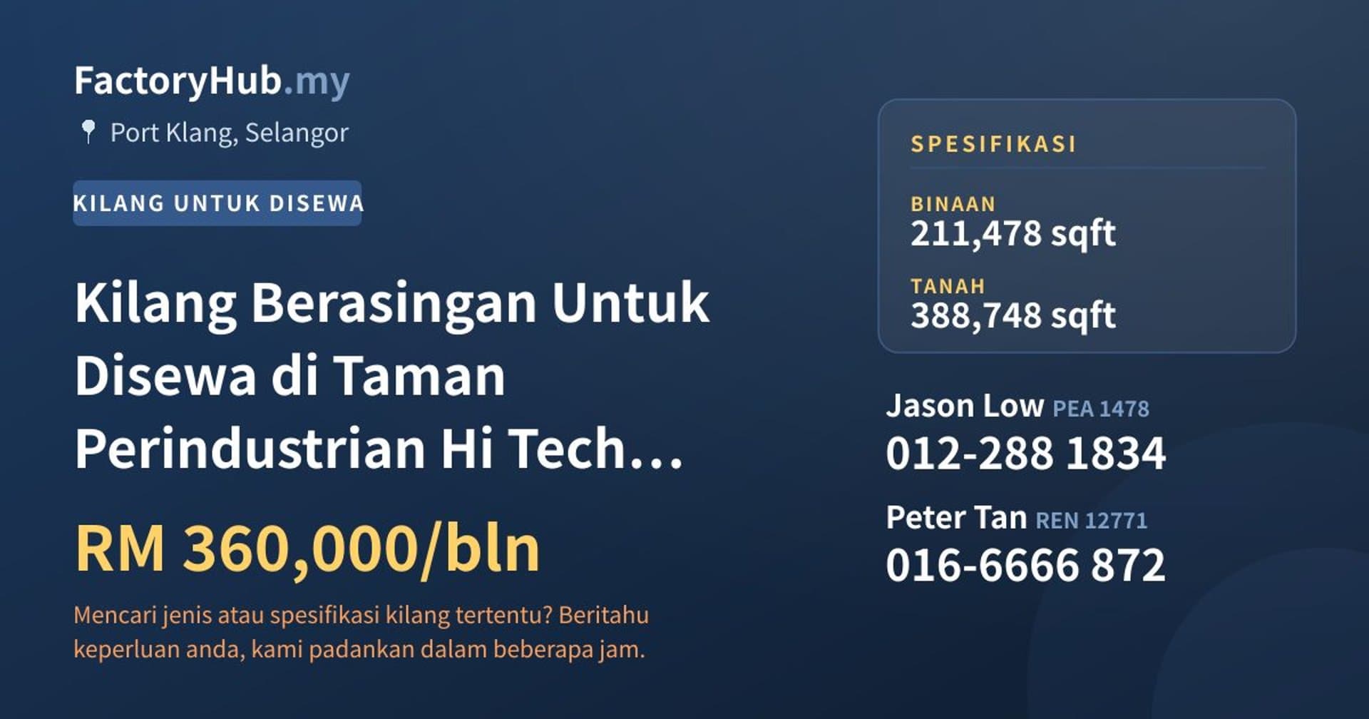 Kilang Berasingan Untuk Disewa di Taman Perindustrian Hi Tech Port Klang · Imej hartanah 1/2