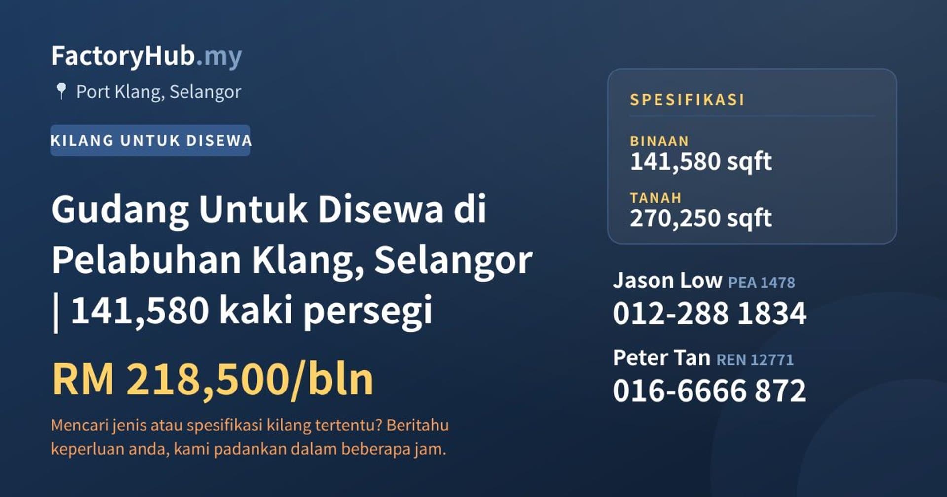 Gudang Untuk Disewa di Pelabuhan Klang, Selangor | 141,580 kaki persegi · Imej hartanah 1/2