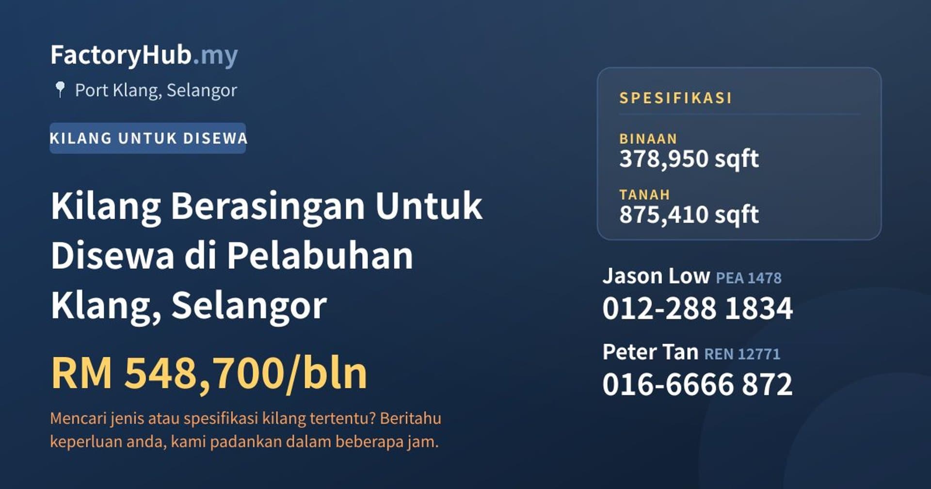 Kilang Berasingan Untuk Disewa di Pelabuhan Klang, Selangor · Imej hartanah 1/2