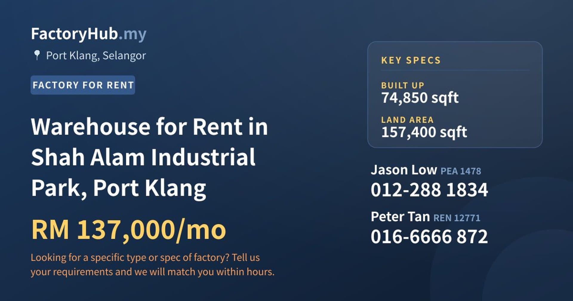 Warehouse for Rent in Shah Alam Industrial Park, Port Klang - Property image 1 of 2
