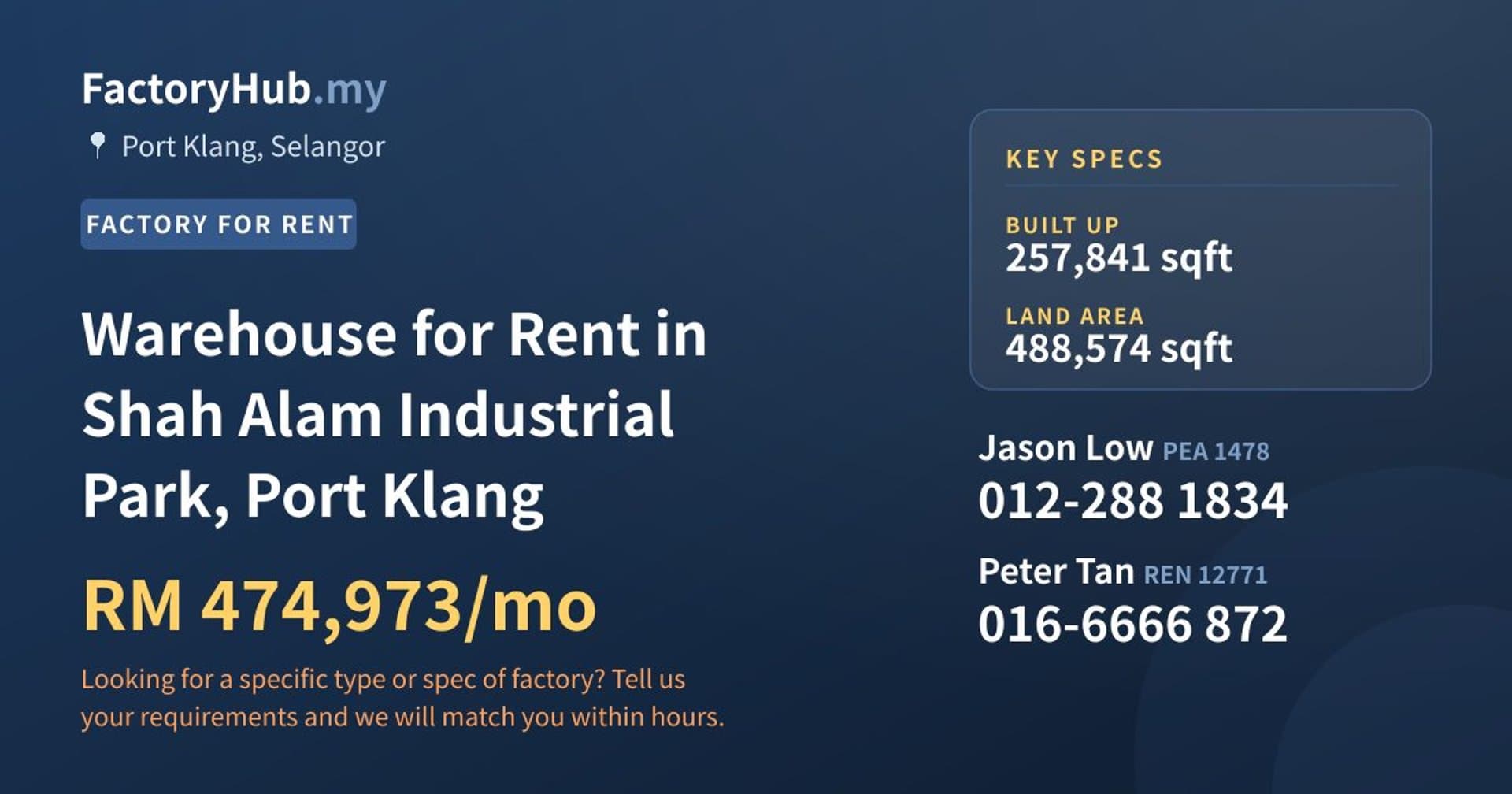 Warehouse for Rent in Shah Alam Industrial Park, Port Klang - Property image 1 of 2