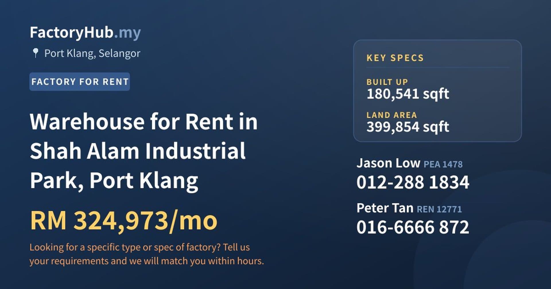 Warehouse for Rent in Shah Alam Industrial Park, Port Klang - Property image 1 of 2