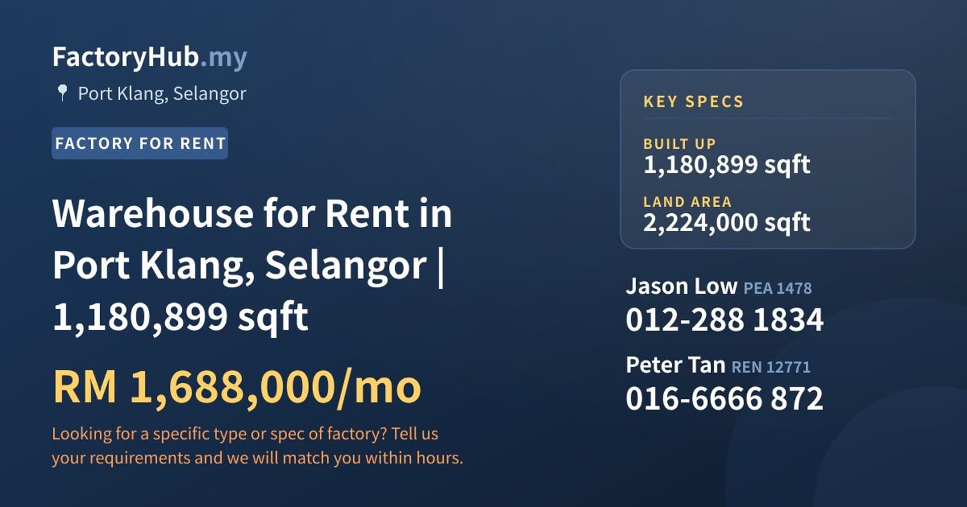 Warehouse for Rent in Port Klang, Selangor | 1,180,899 sqft - Property image 1 of 2