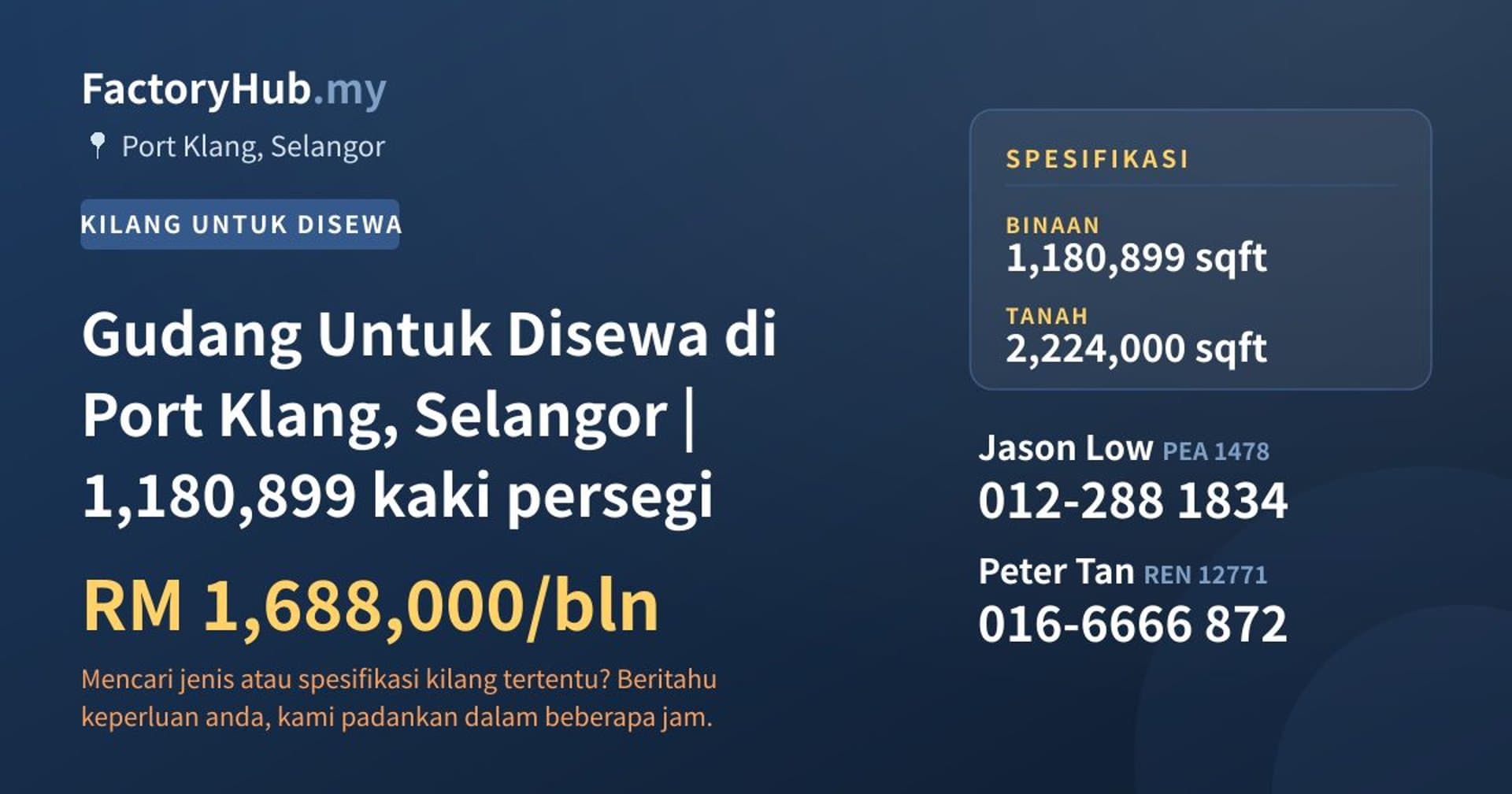 Gudang Untuk Disewa di Port Klang, Selangor | 1,180,899 kaki persegi · Imej hartanah 1/2